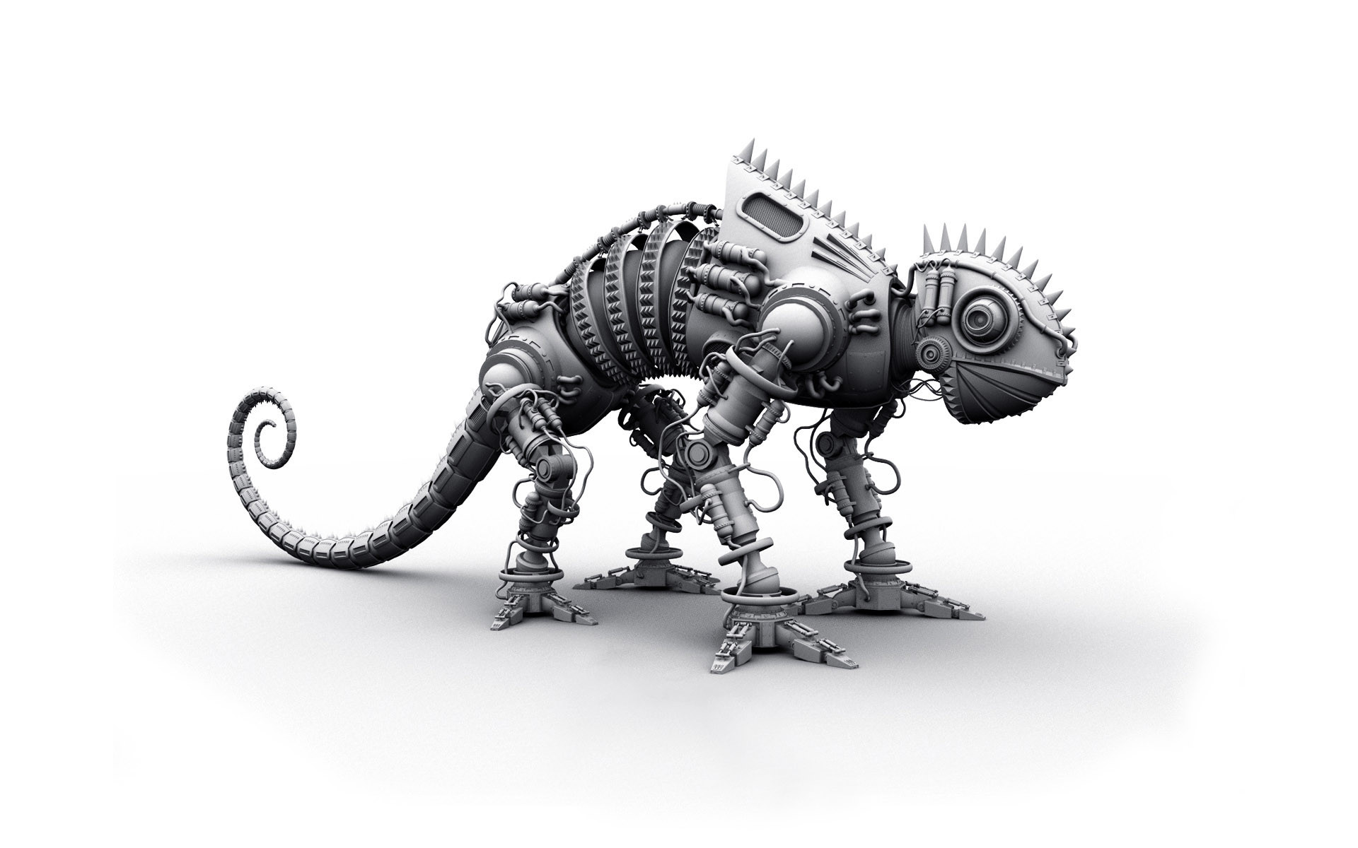 Camaleonte robotico, Meccanico, Rendering 3D, Sfondo bianco, 16:10 Full HD, wallpaper widescreen
