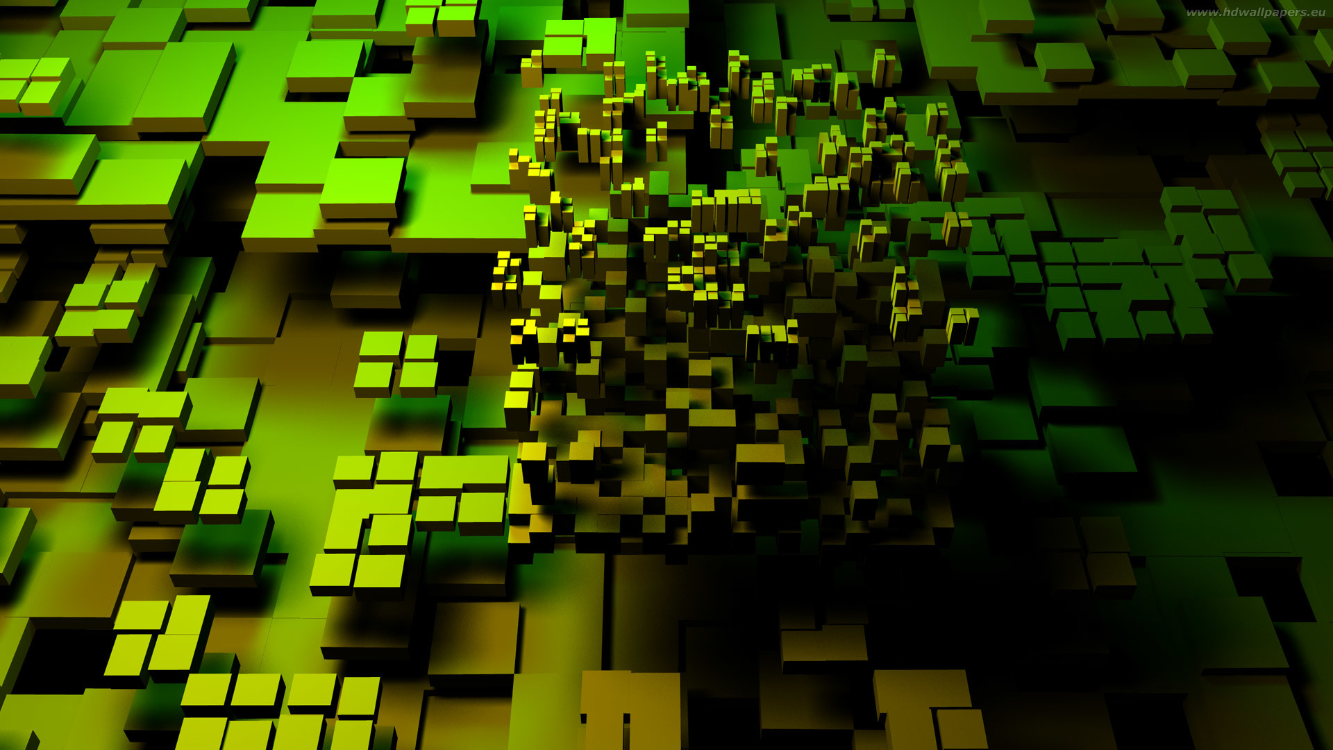 Cubi, Verde, Giallo, Rendering 3D, 1920x1080, immagine di sfondo