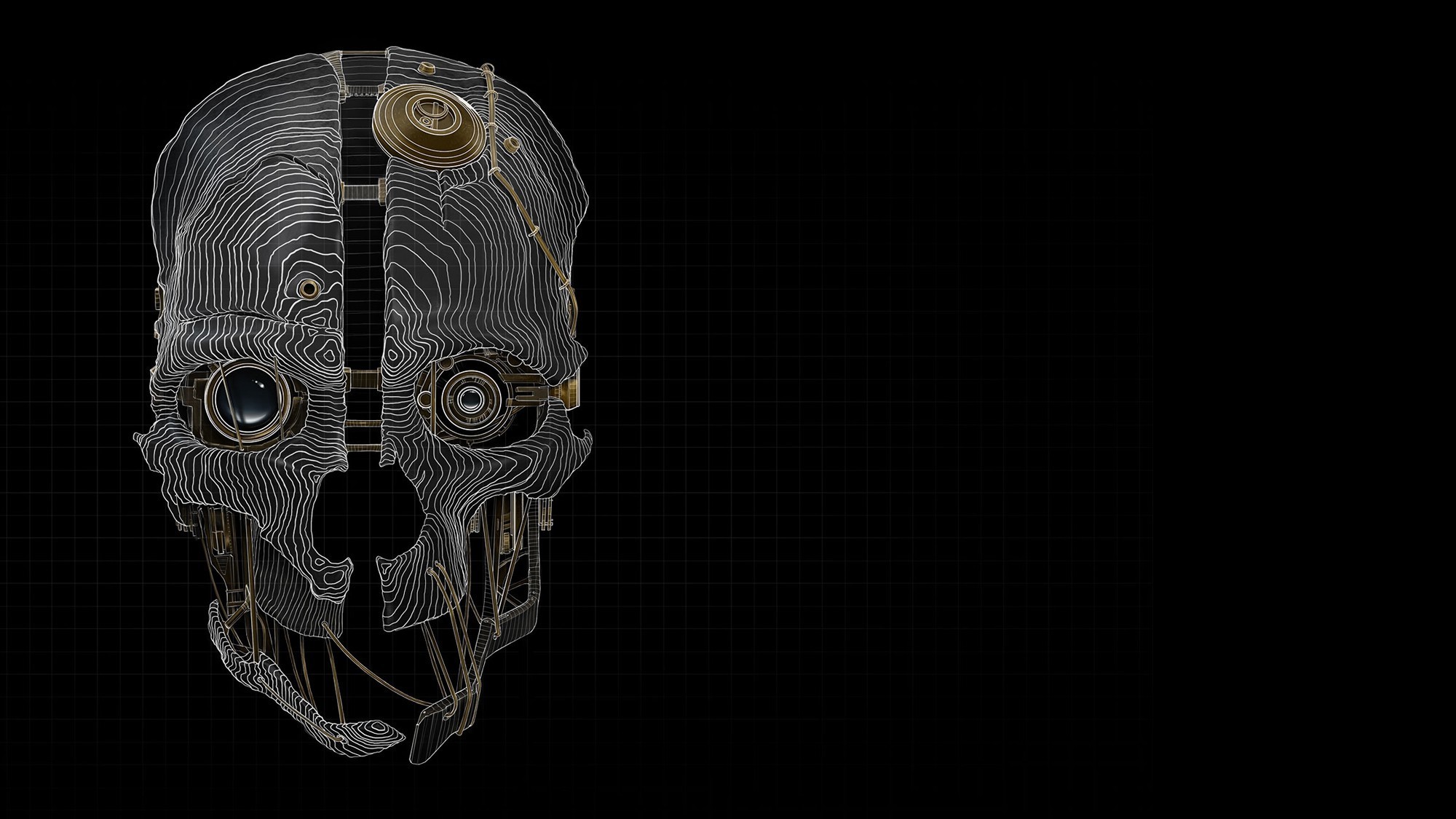 Maschera di Corvo, Dishonored, Disegno a linee, Sfondo nero, Full HD, wallpaper desktop