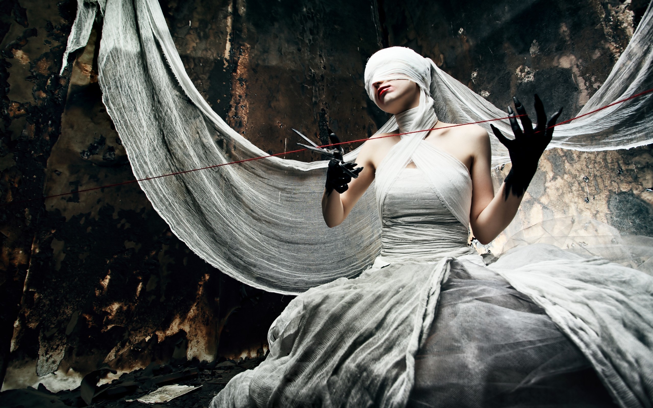 Donna bendata, Abito bianco, Dark art, Gotico, 2K, sfondo per PC