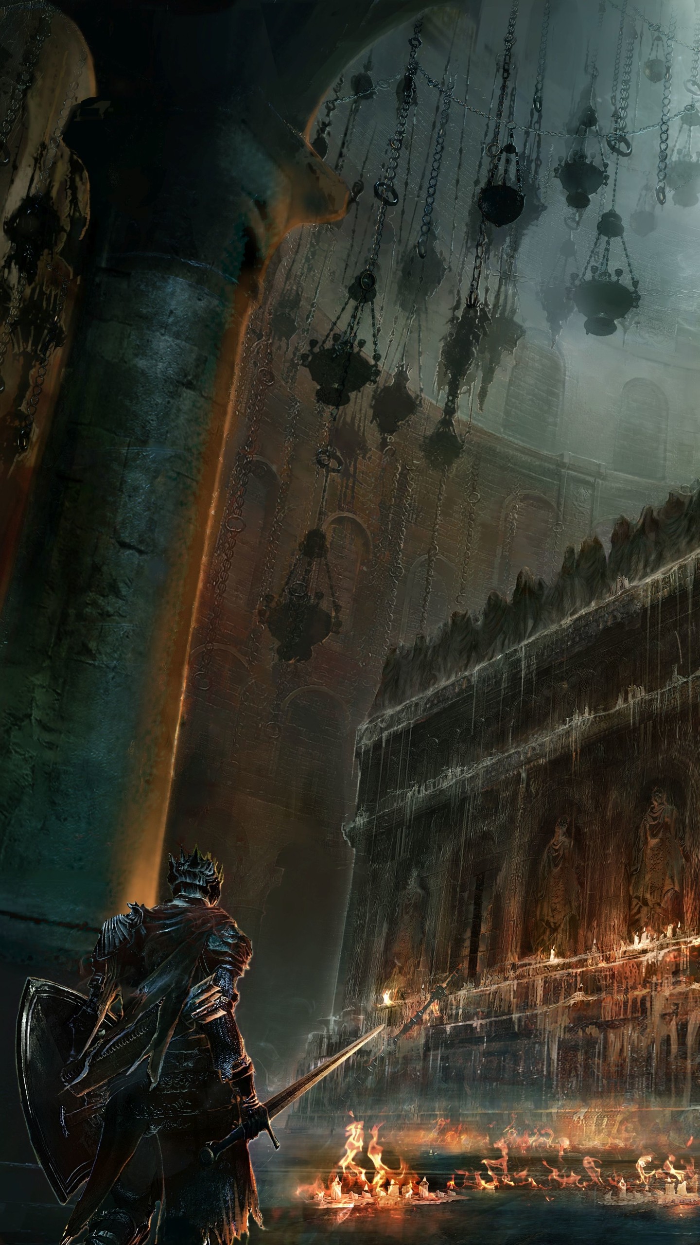 Dark Souls III, Cavaliere, Cattedrale, Falò, QHD+, sfondo verticale per cellulare