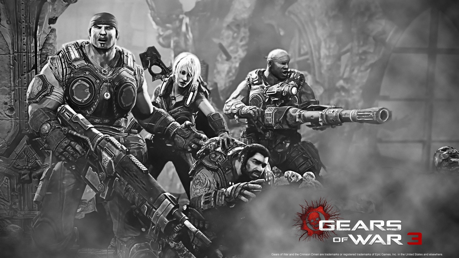 Gears of War 3, Marcus Fenix, Dom Santiago, Cole Train, Bianco e nero, sfondo 16:9 Full HD
