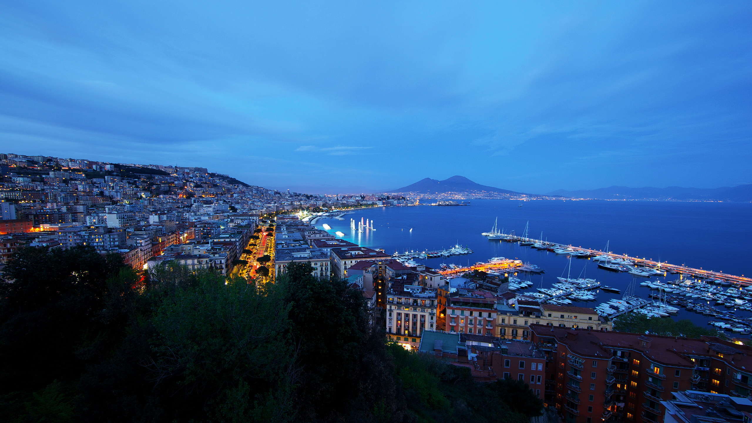 Napoli, Golfo di Napoli, Vesuvio, Crepuscolo, Porto, 16:9 2K, sfondo widescreen