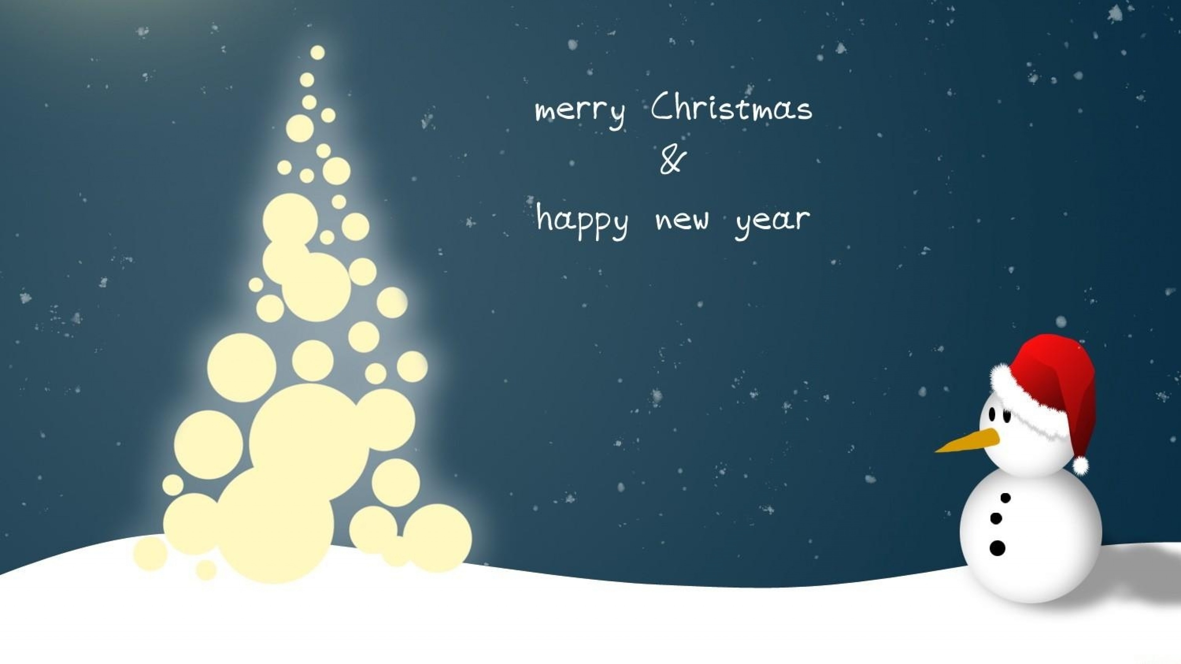 Merry Christmas, Happy New Year, Pupazzo di neve, Albero stilizzato, Illustrazione, sfondo Ultra HD