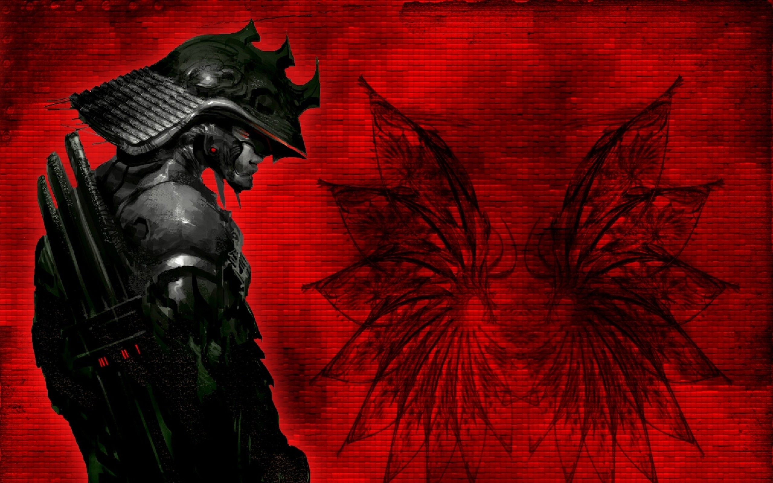 Samurai, Maschera, Armatura, Sfondo rosso, 2K, wallpaper per computer