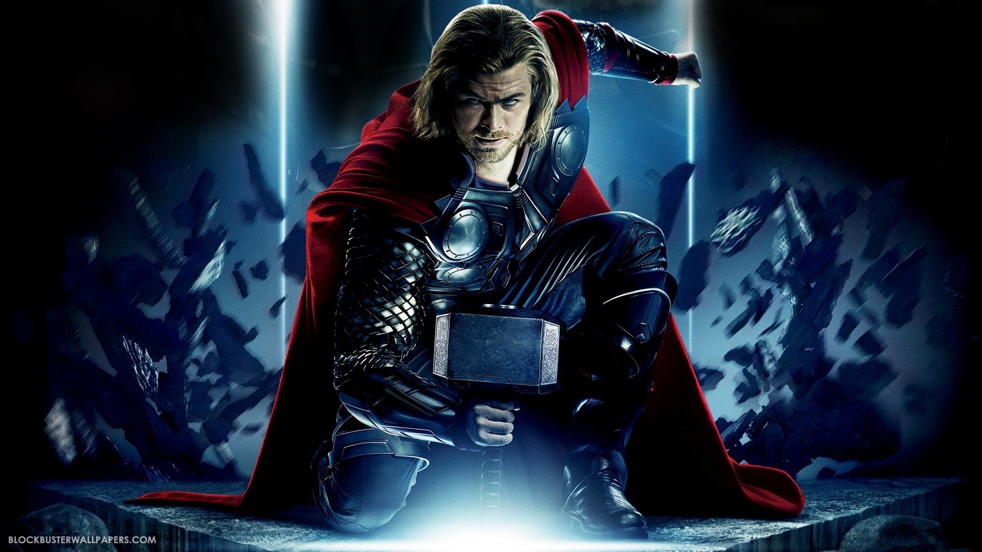 Thor, Chris Hemsworth, Mjolnir, Marvel Cinematic Universe, Mantello rosso, sfondo desktop 1920x1080