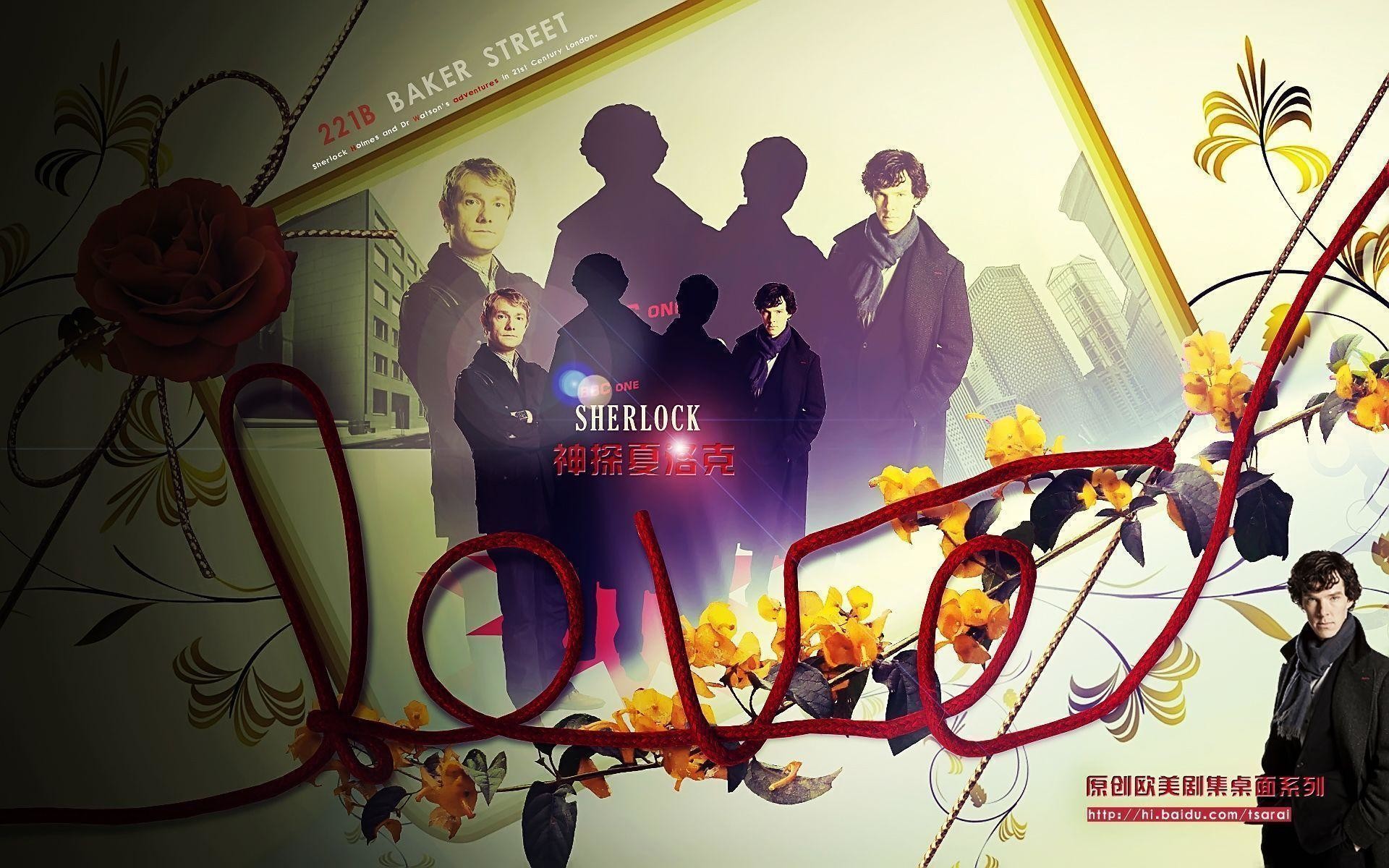 Sherlock, Benedict Cumberbatch, Martin Freeman, Collage, Fiori, Full HD, sfondo desktop