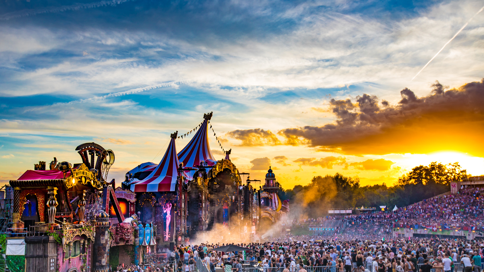 Tomorrowland, Main stage, Tramonto, Folla, Full HD, wallpaper per PC