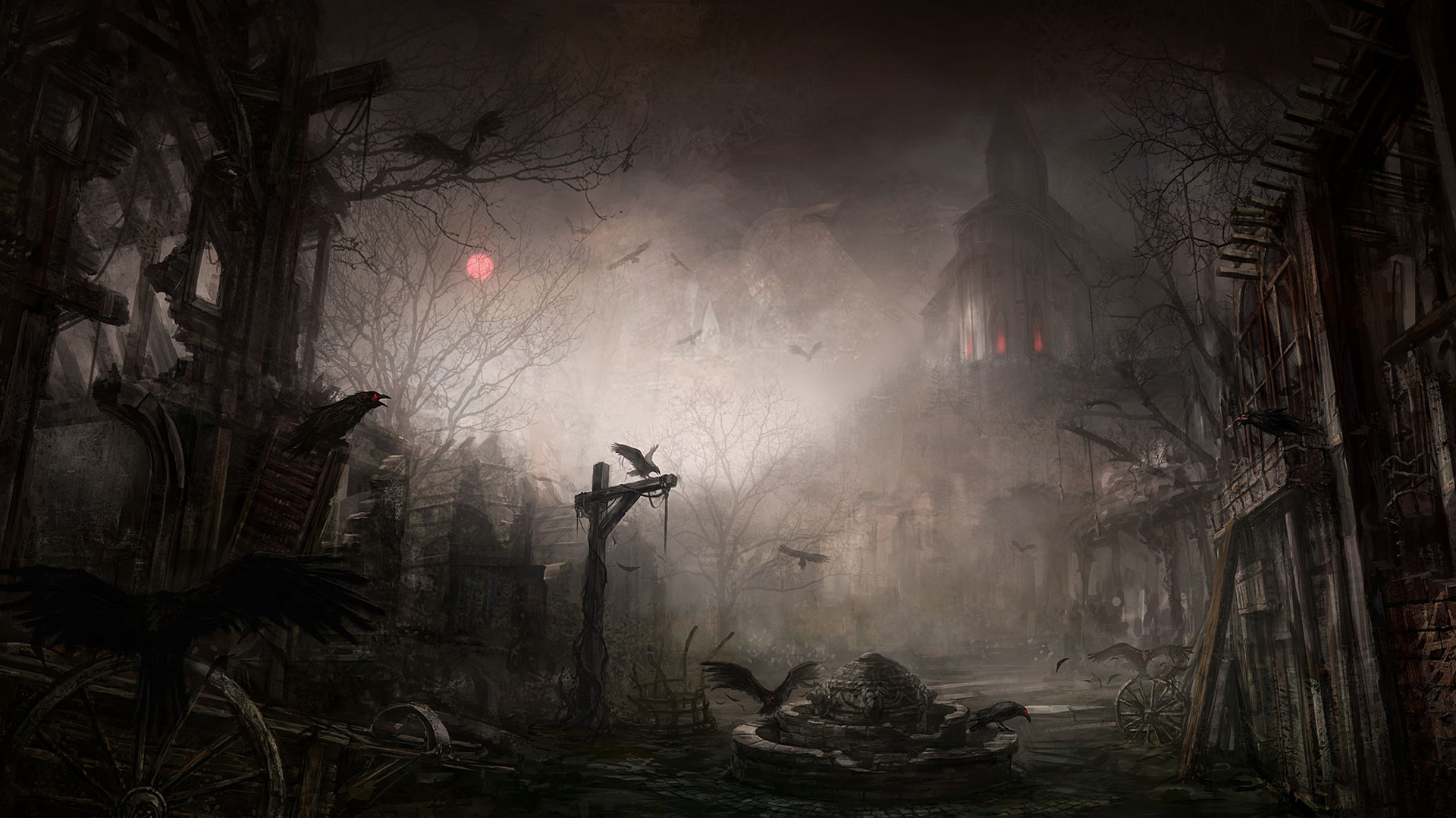 Città in rovina, Corvi, Luna rossa, Dark fantasy, Nebbia, 1920x1080, immagine di sfondo
