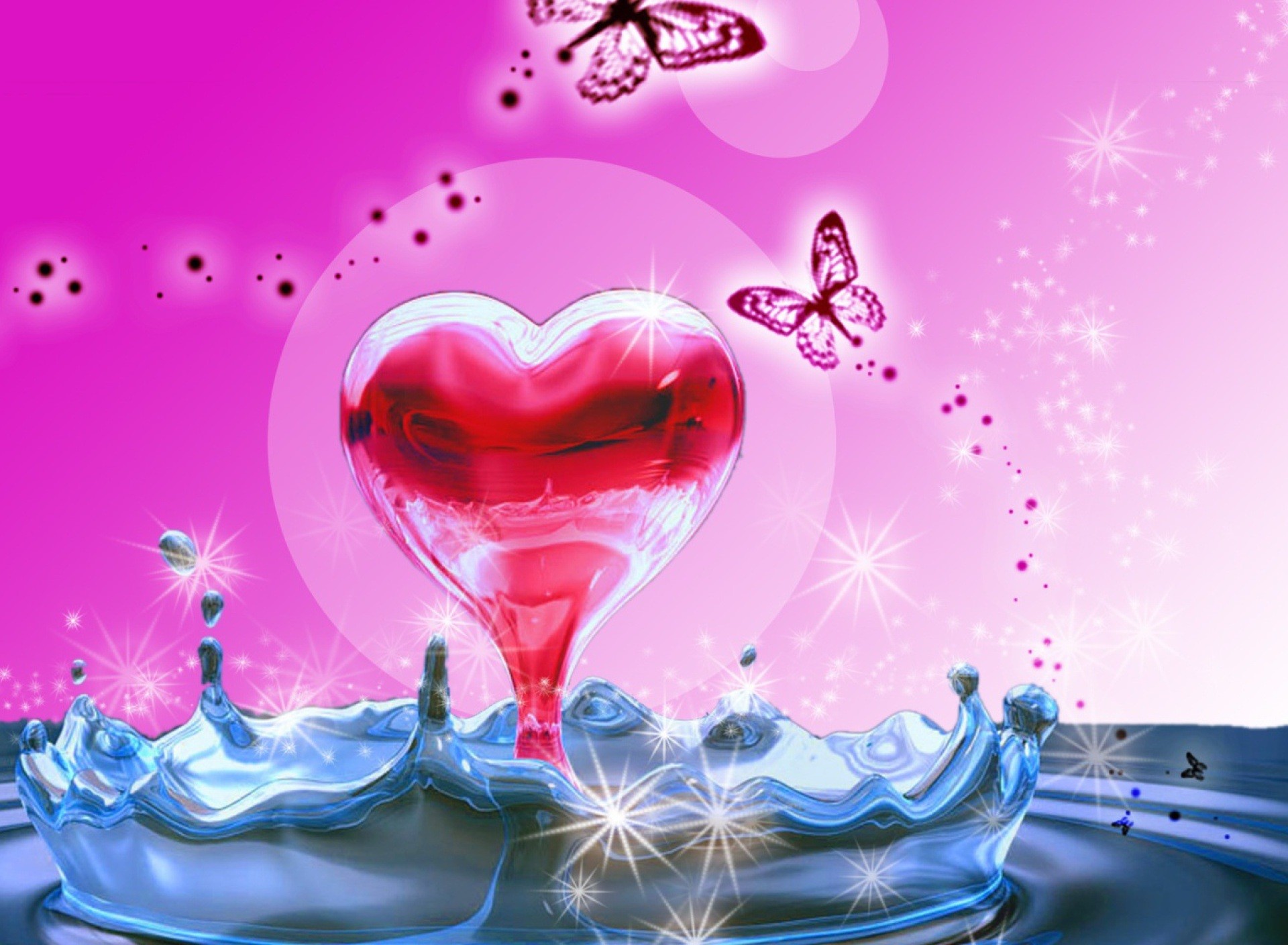 Cuore, Farfalle, Spruzzi d'acqua, Sfondo fucsia, Full HD, wallpaper per computer
