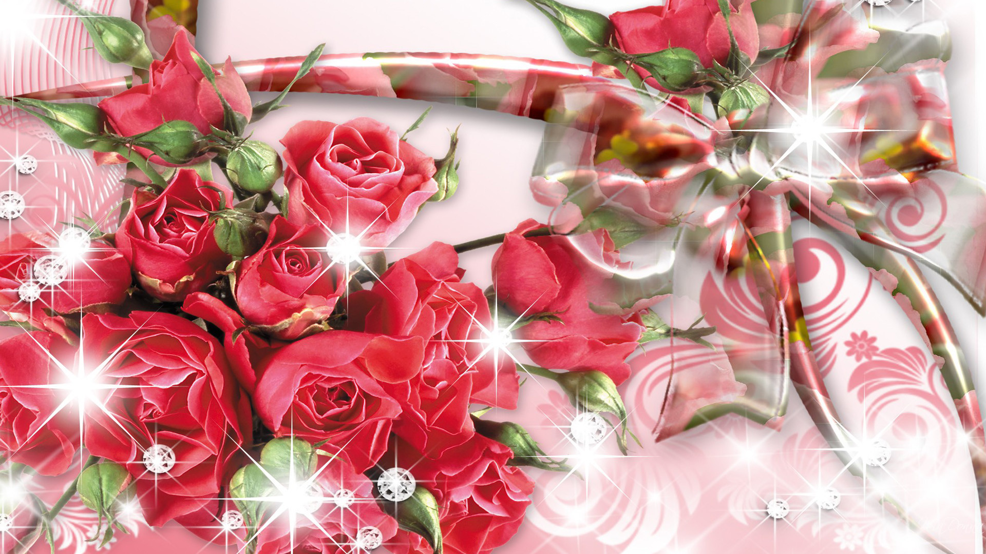 Rose rosse, Scintillii, Arte digitale, Fiocco, Full HD 1080p, sfondo desktop