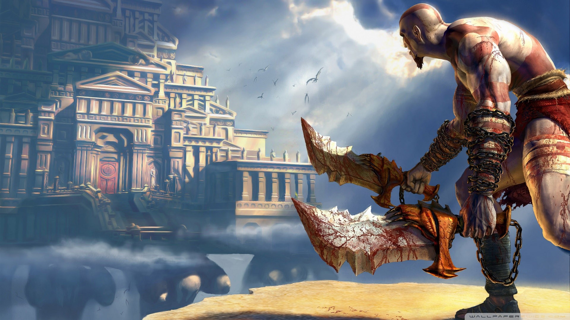 Kratos, God of War, Lame del Caos, Olimpo, Tempio greco, Full HD 1080p, sfondo desktop