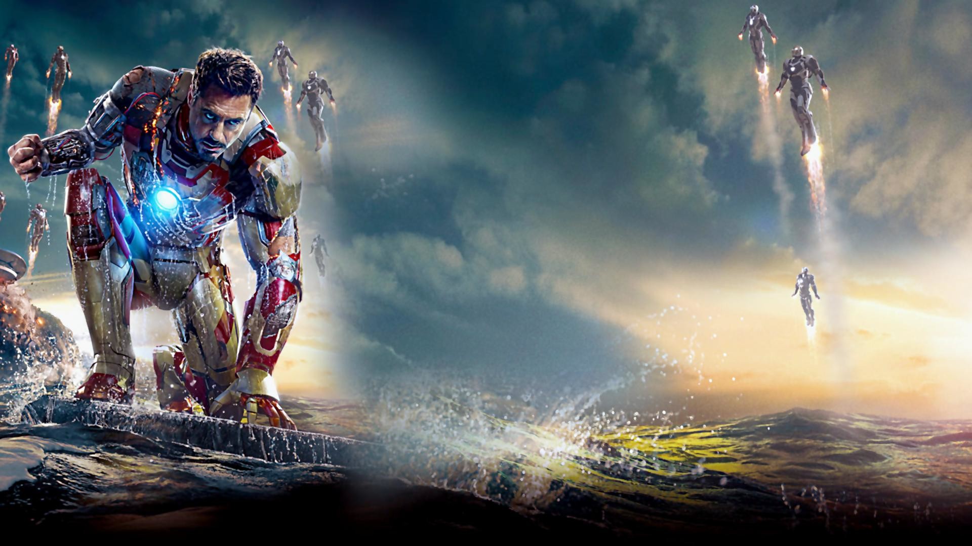 Tony Stark, Robert Downey Jr., Iron Man 3, Iron Legion, Mare, 16:9 Full HD, sfondo widescreen