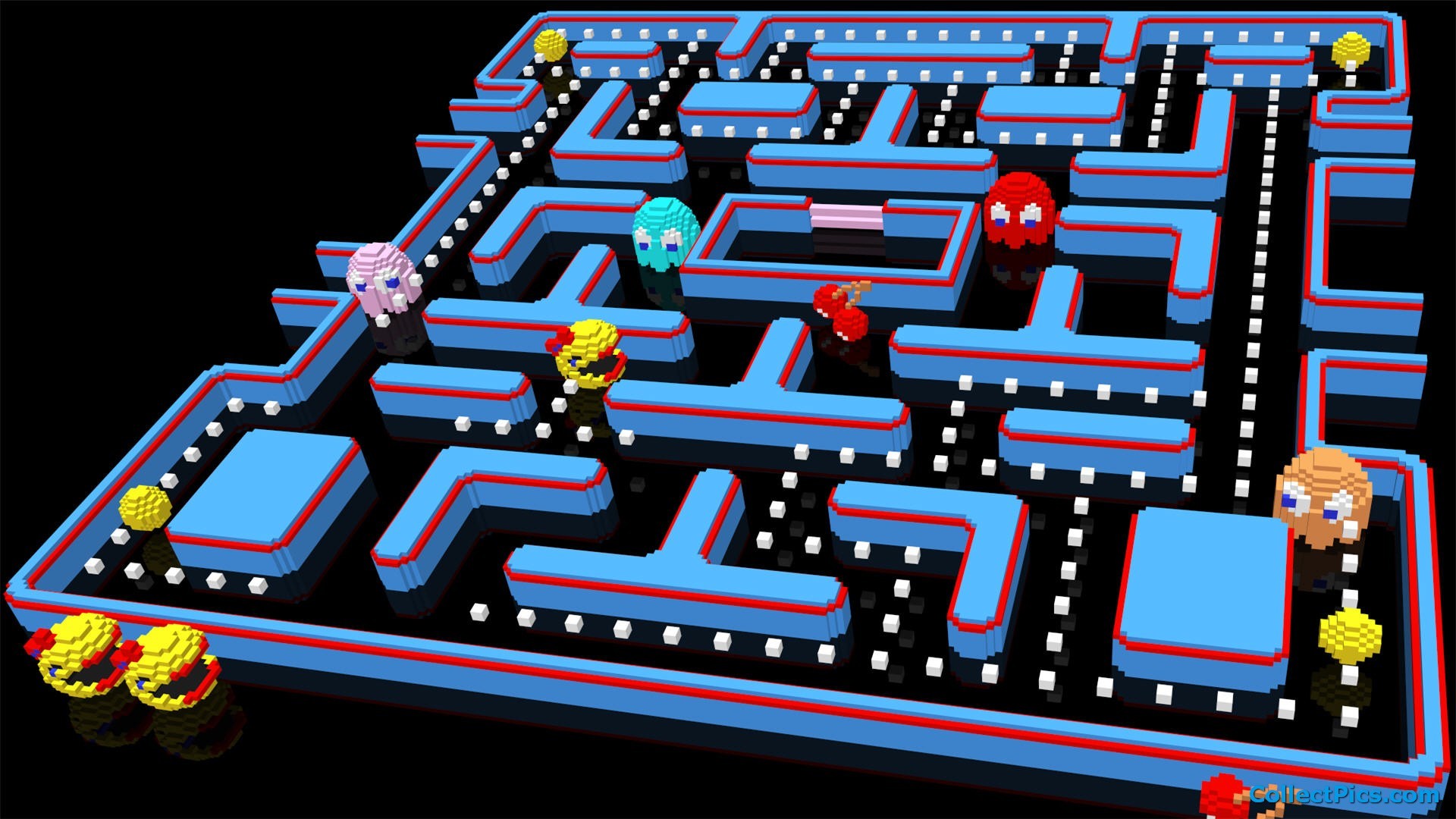 Pac-Man, Labirinto 3D, Fantasmi, Rendering 3D, Blu, 1920x1080, immagine di sfondo