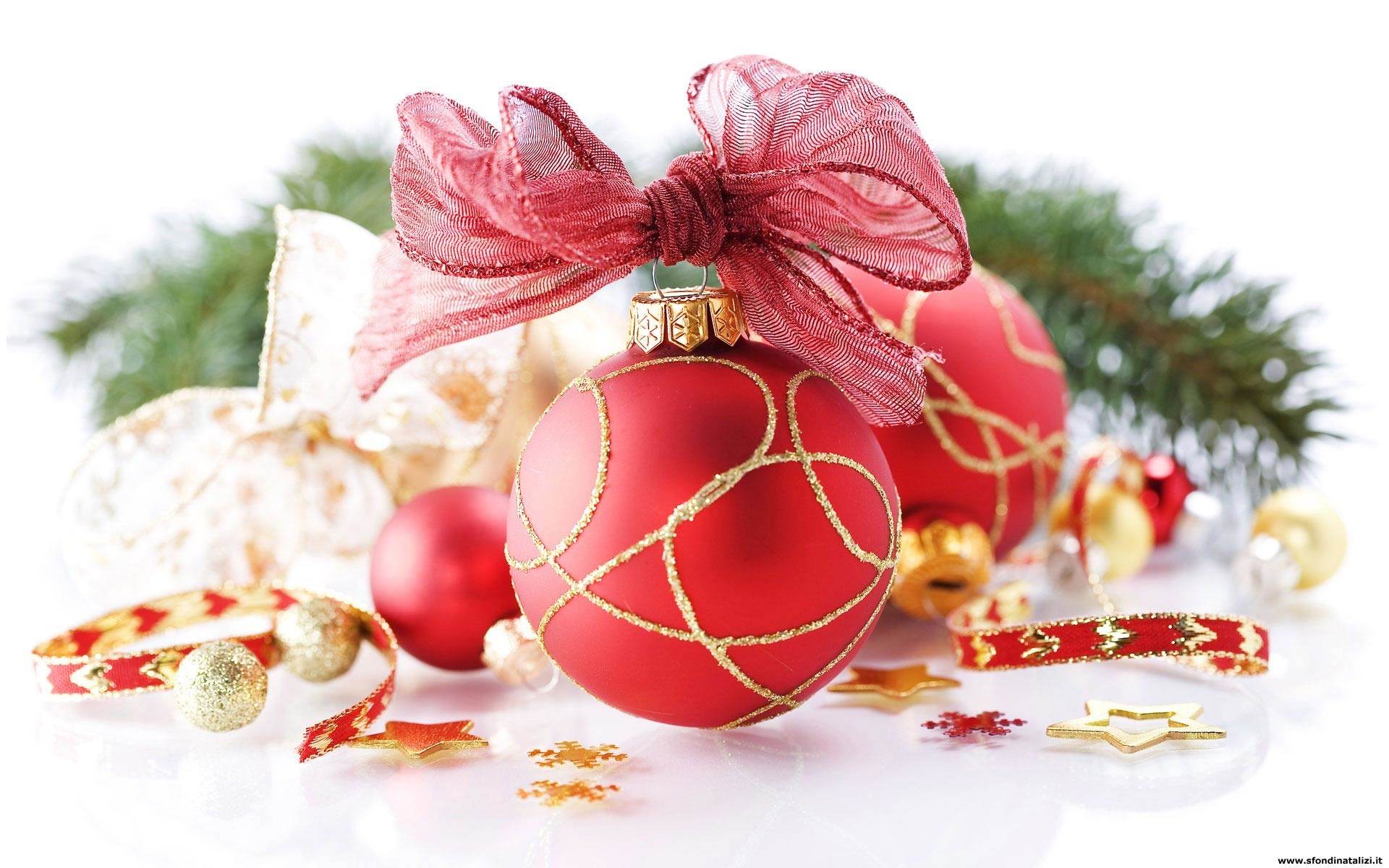 Palline di Natale, Fiocco rosso, Decorazioni natalizie, sfondo per il tuo desktop