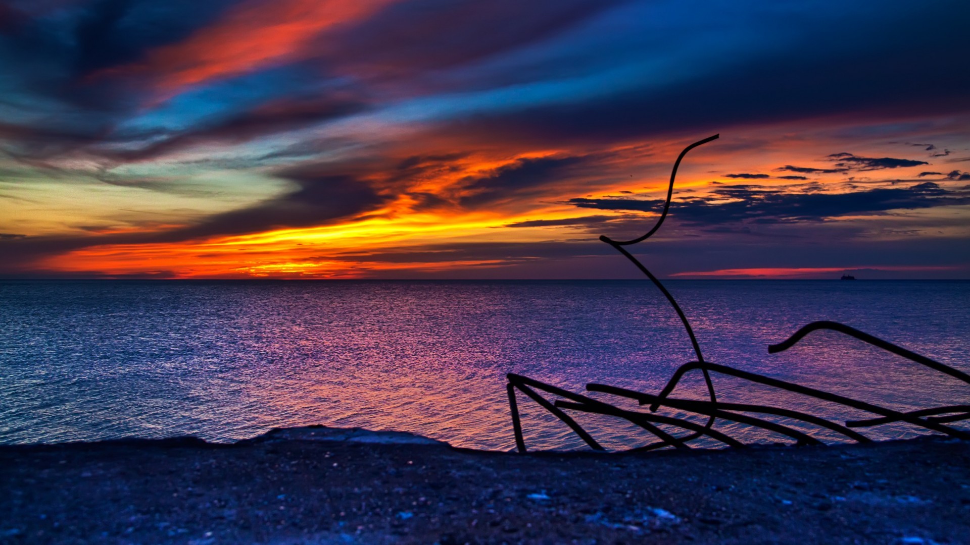Tramonto, Nuvole, Mare, Cielo rosso, 1920x1080, immagine di sfondo