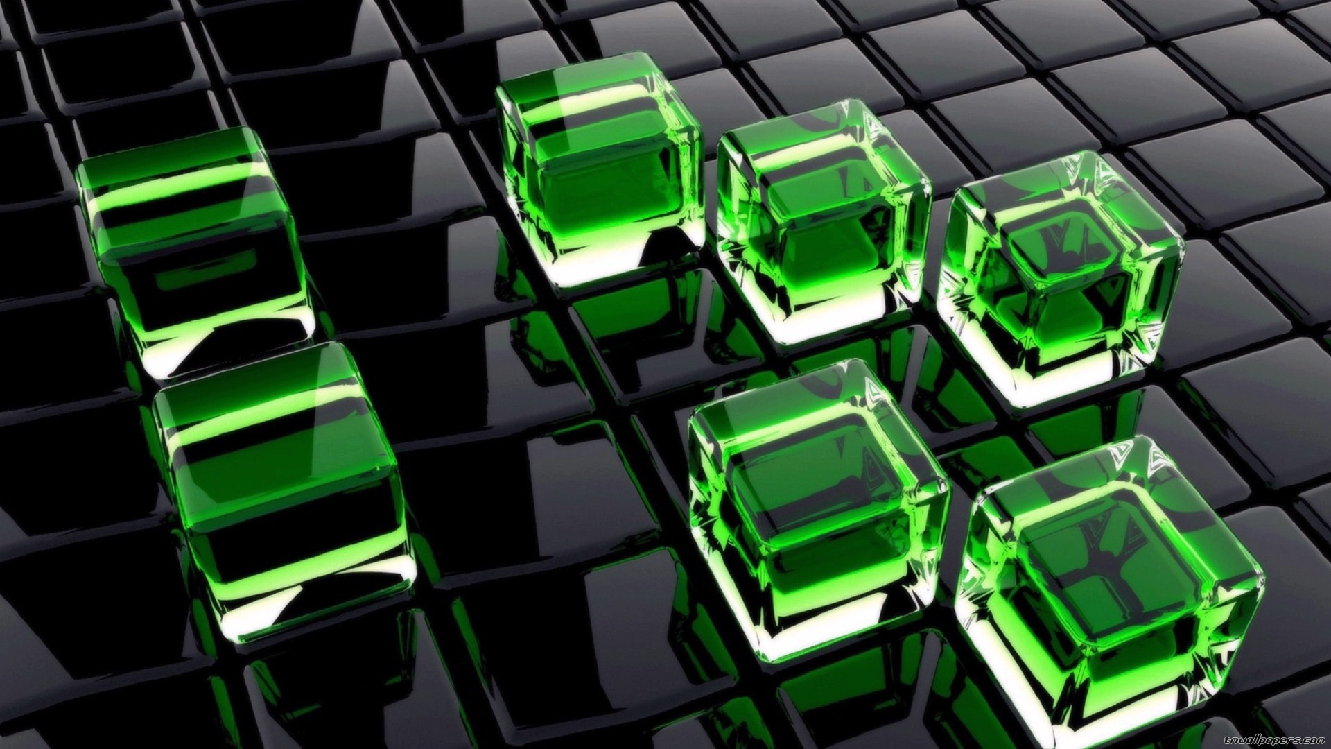 Cubi di vetro, Verde, Rendering 3D, Full HD, sfondo Windows 11
