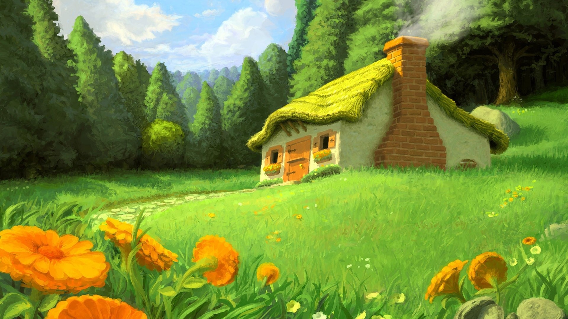 Casetta, Prato, Fiori arancioni, Illustrazione, sfondo Full HD per desktop