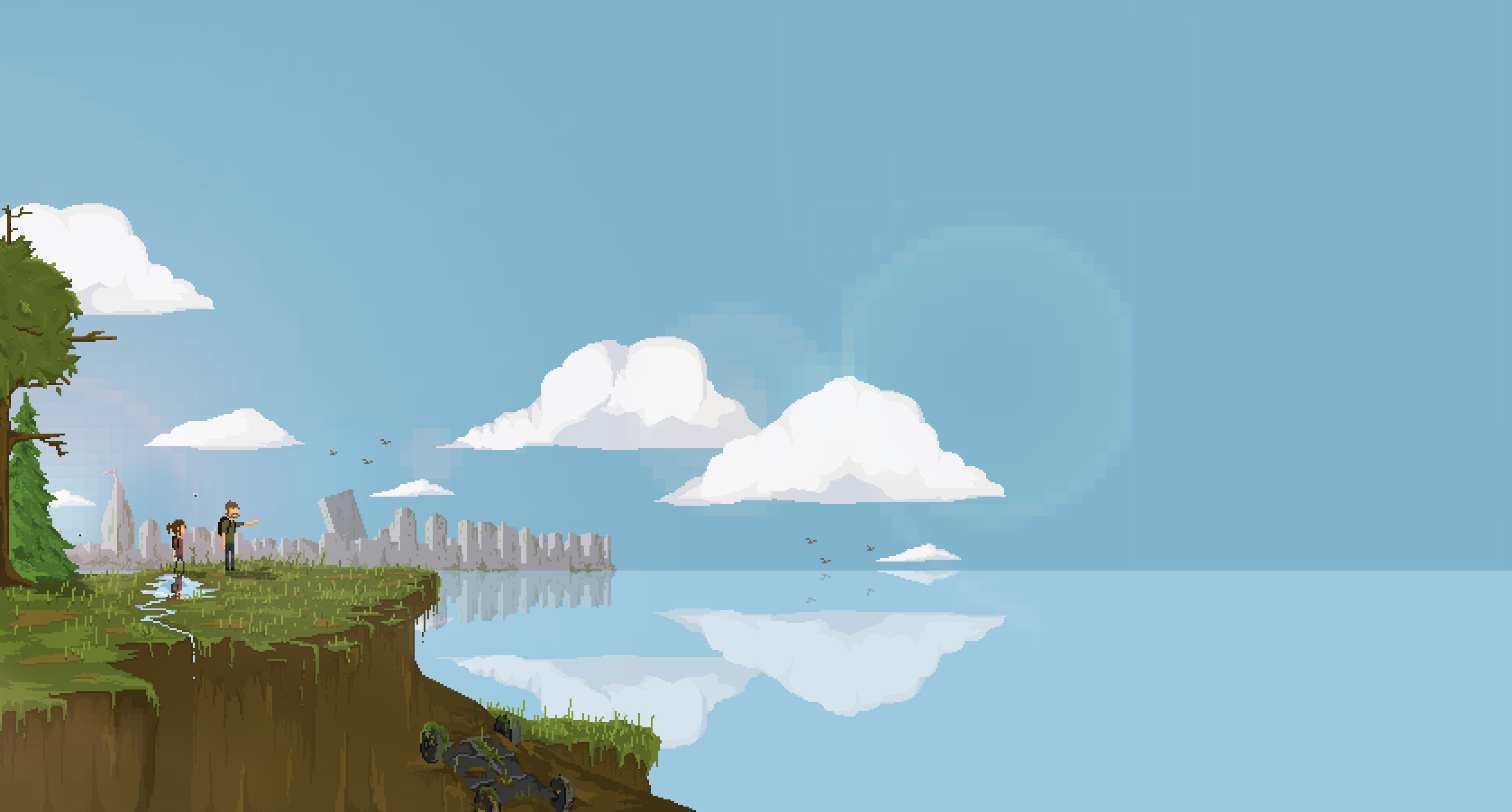 Pixel art, Scogliera, Mare, Nuvole, Full HD, sfondo per PC
