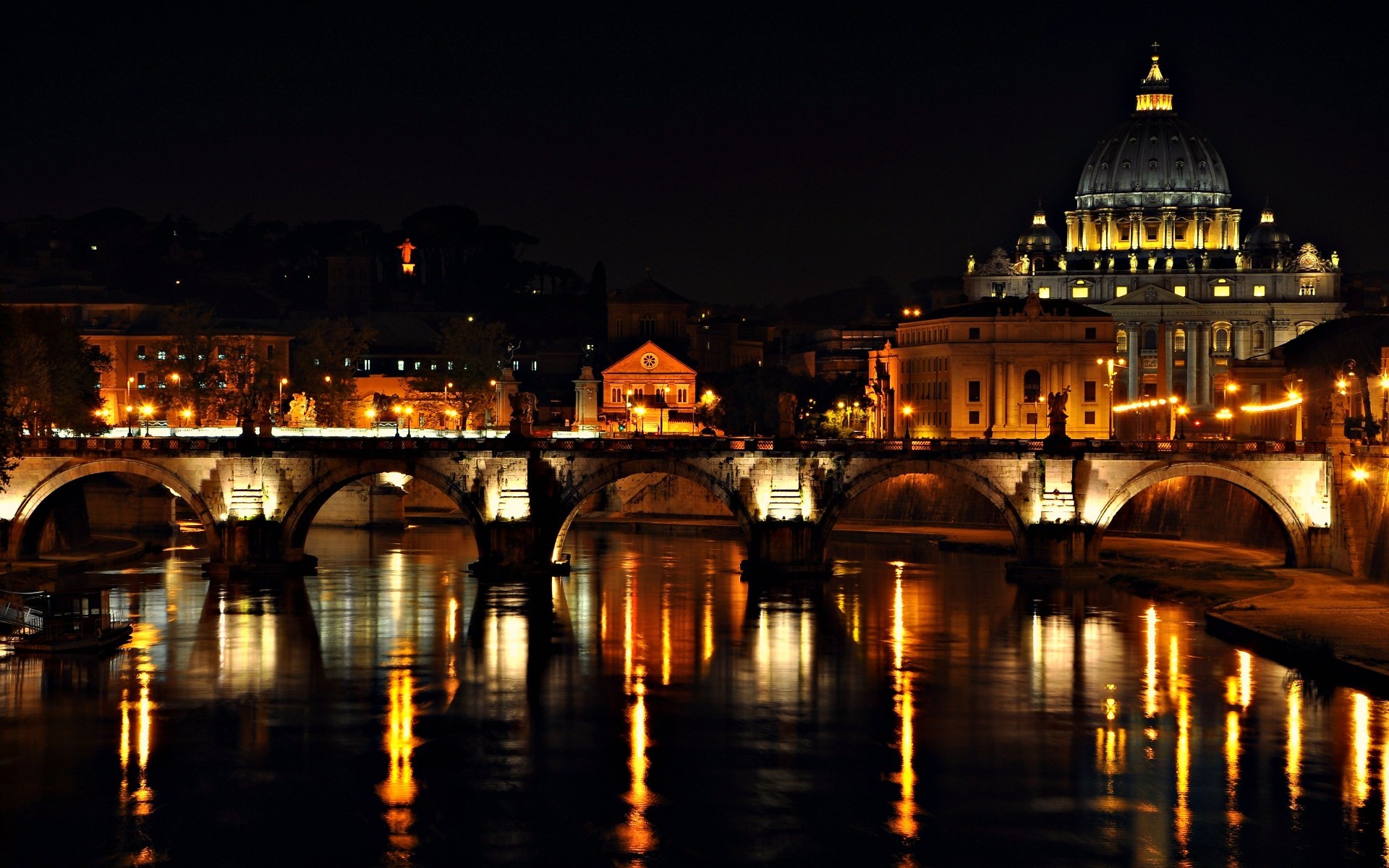 Basilica di San Pietro, Ponte Sant'Angelo, Tevere, Roma, Notte, Full HD, wallpaper per PC