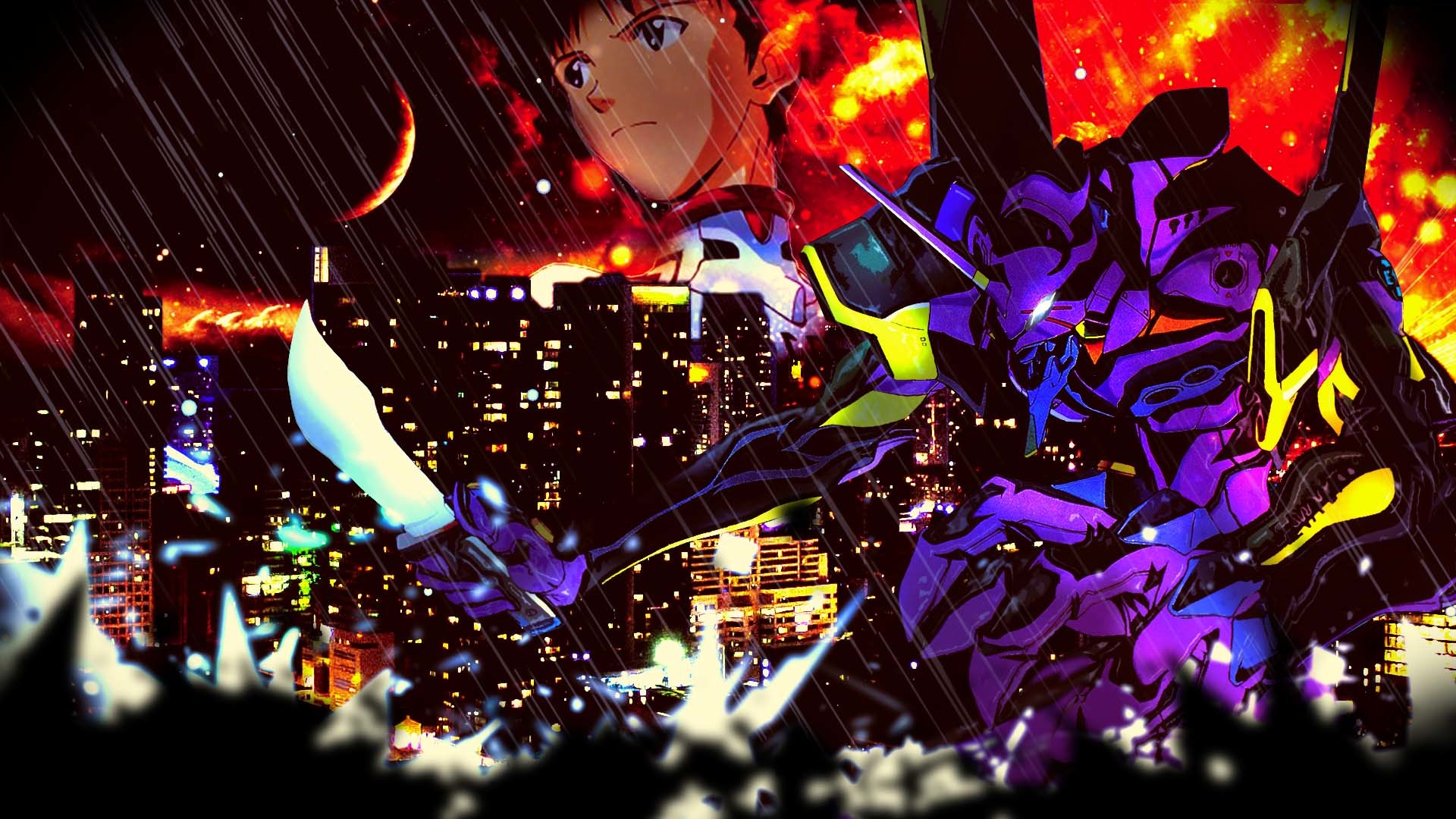 Shinji Ikari, Eva-01, Neon Genesis Evangelion, Città, Pioggia, Full HD, sfondo per PC