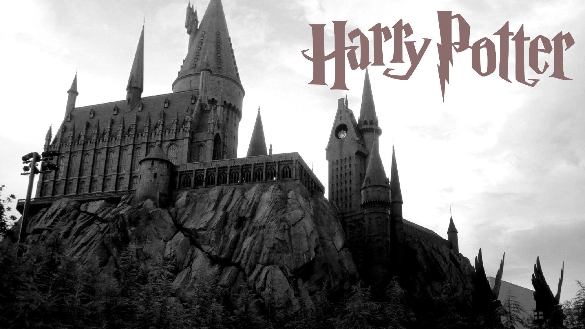 Castello di Hogwarts, Harry Potter, Bianco e nero, Castello, 1920x1080, immagine di sfondo