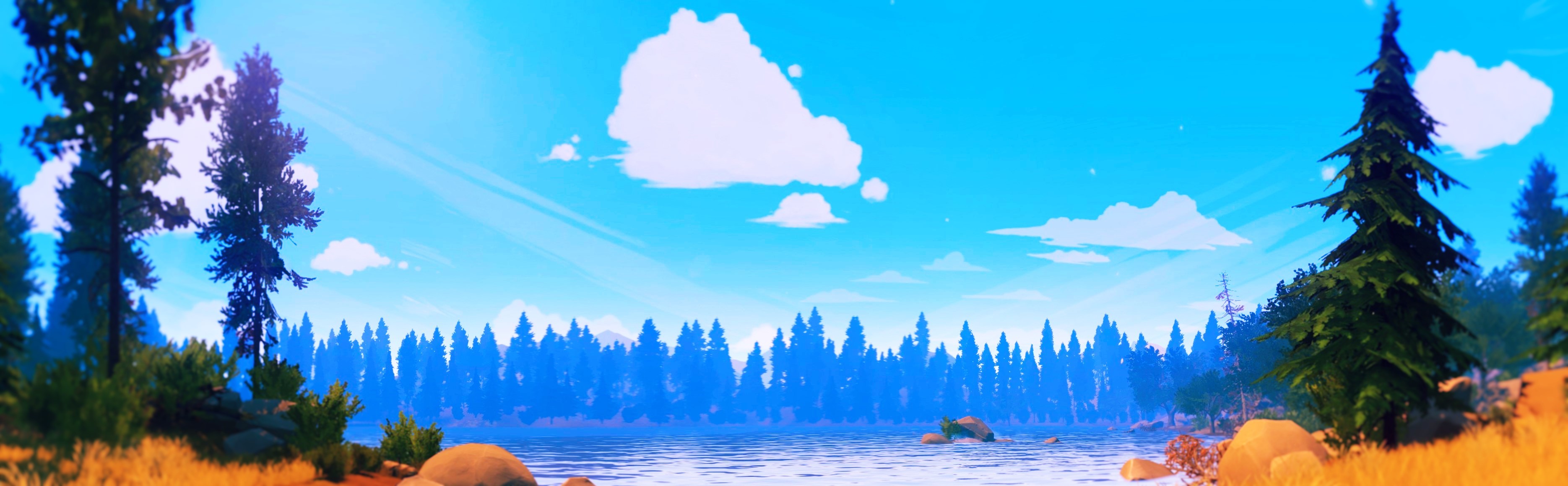 Firewatch, Lago, Pini, Cielo azzurro, Nuvole, HD, sfondo Windows 11