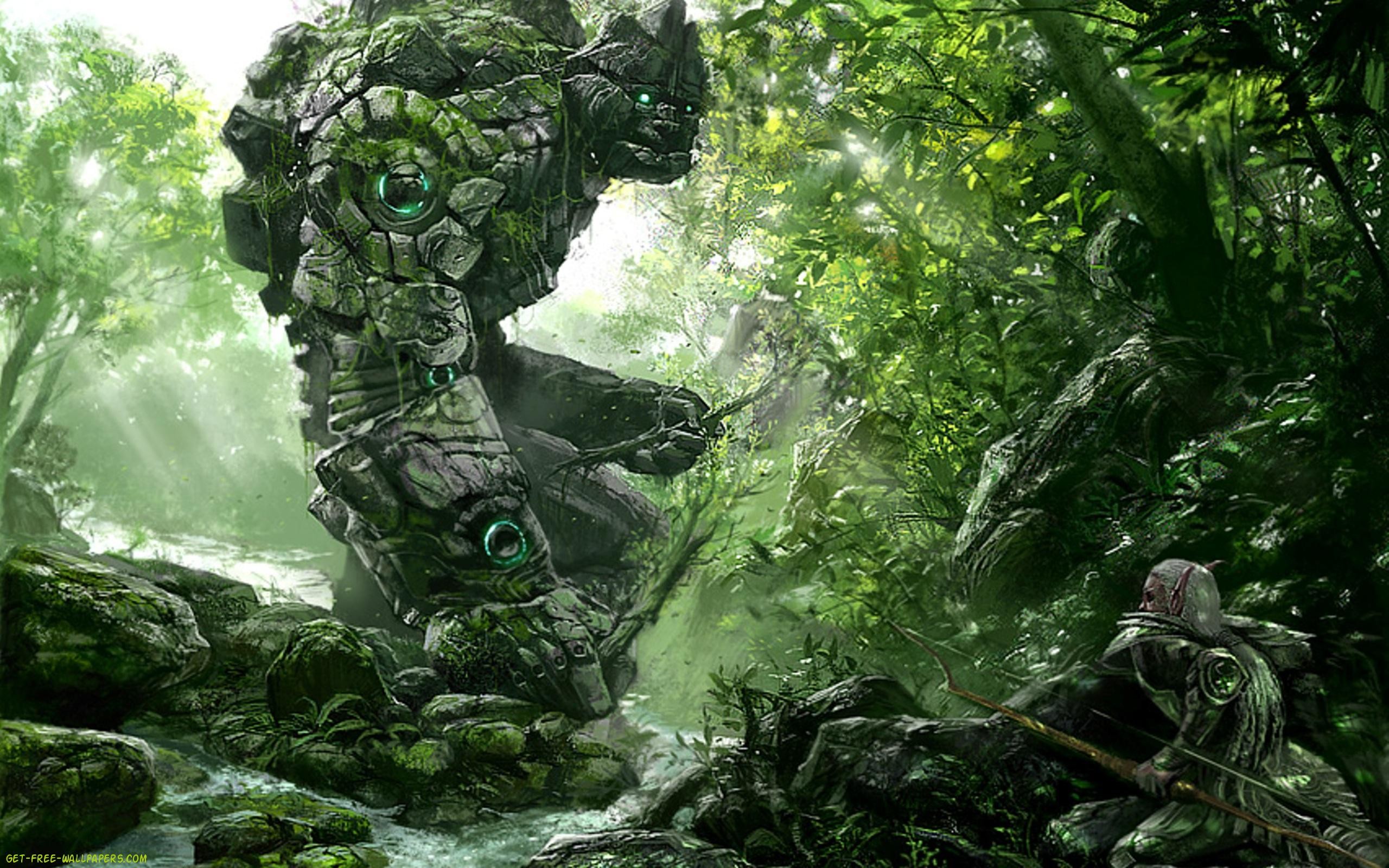 Golem di pietra, Giungla, Arte fantasy, 2K, sfondo desktop