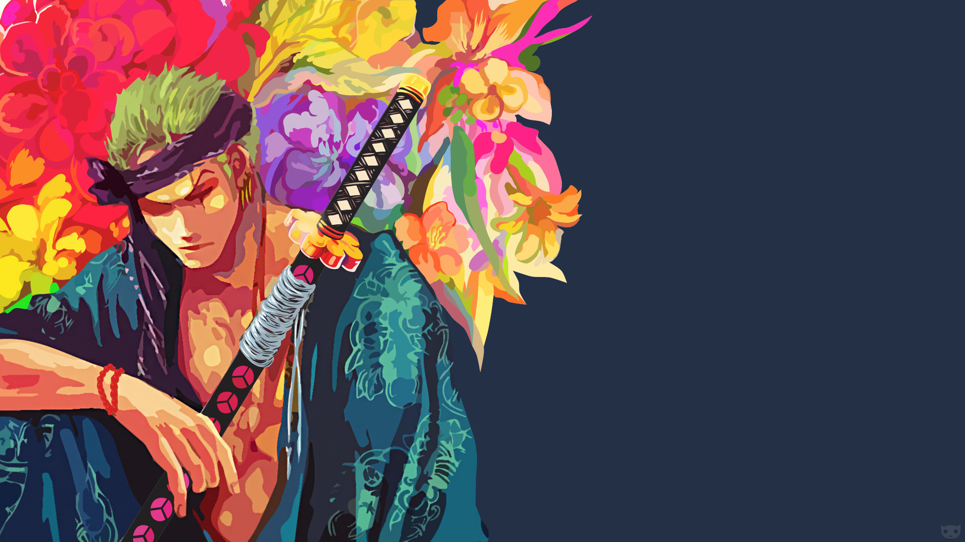 Roronoa Zoro, One Piece, Bandana, Fiori, Sfondo blu scuro, Full HD, wallpaper per PC