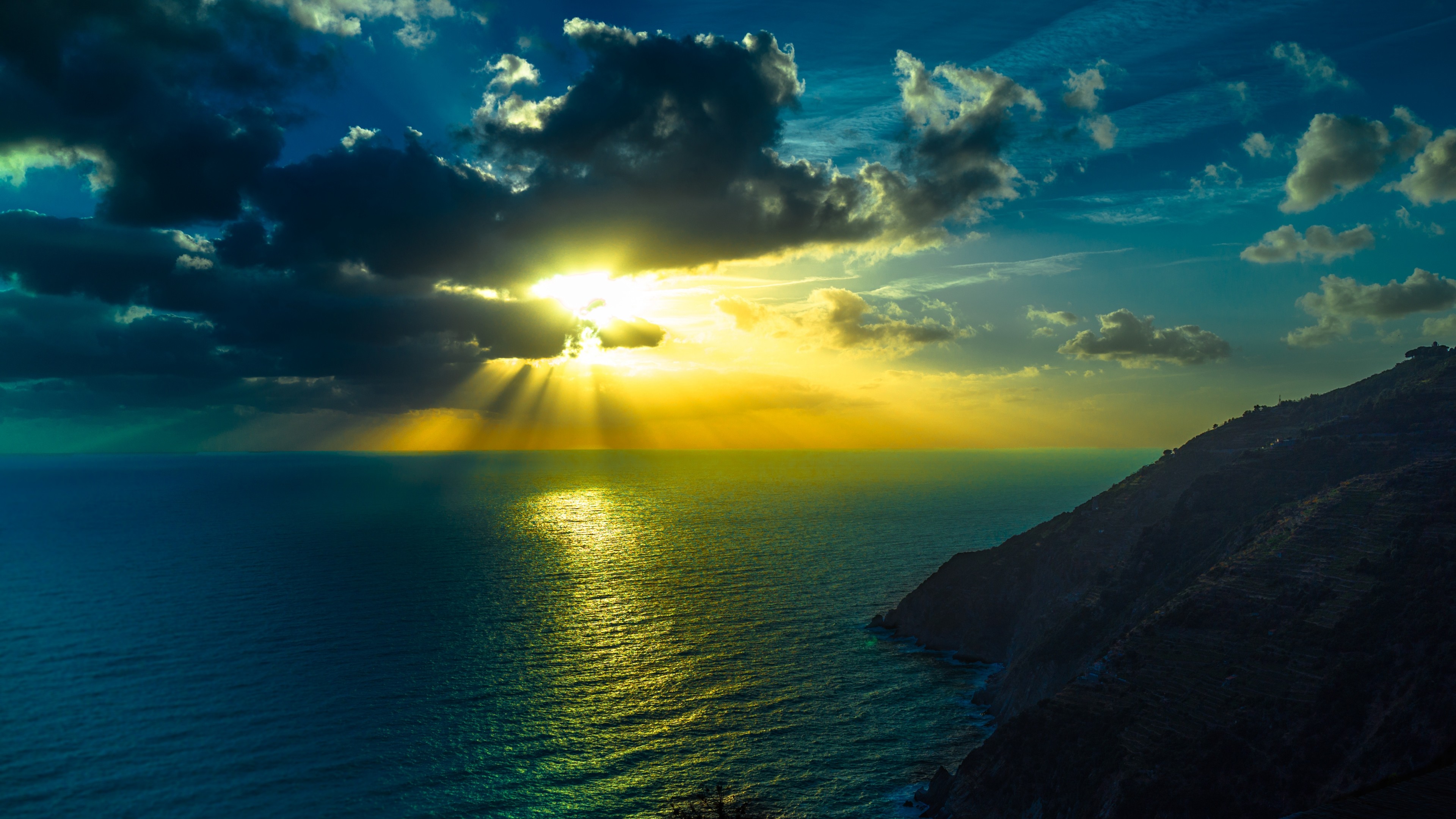 Tramonto, Mare, Raggi di sole, Nuvole, 16:9 4K, wallpaper widescreen