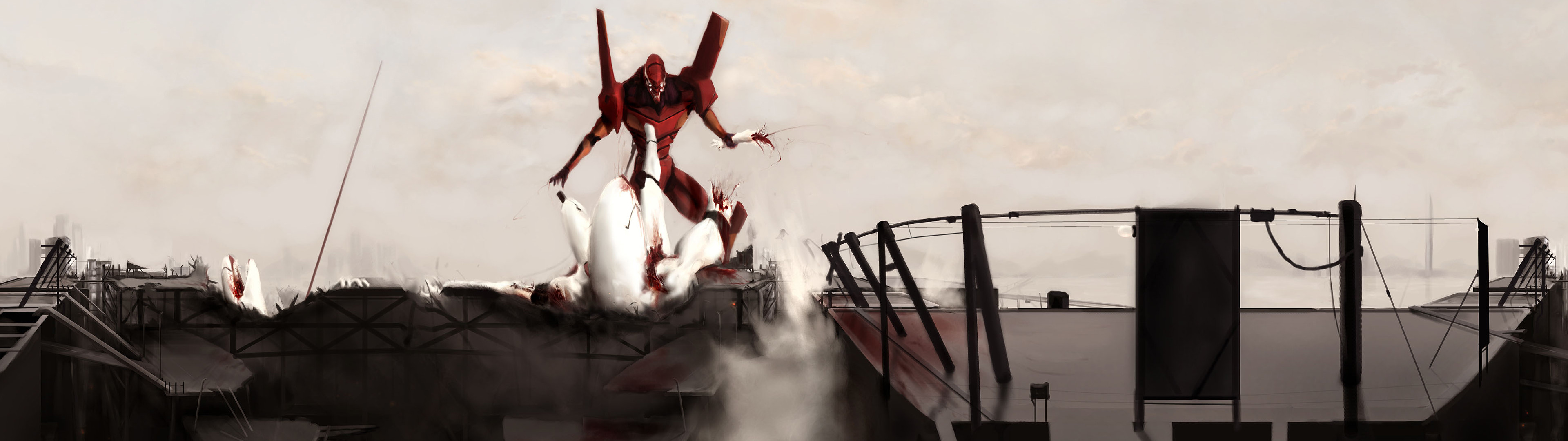 Evangelion Unità-02, Neon Genesis Evangelion, Paesaggio desolato, Seppia, sfondo desktop 3840x1080