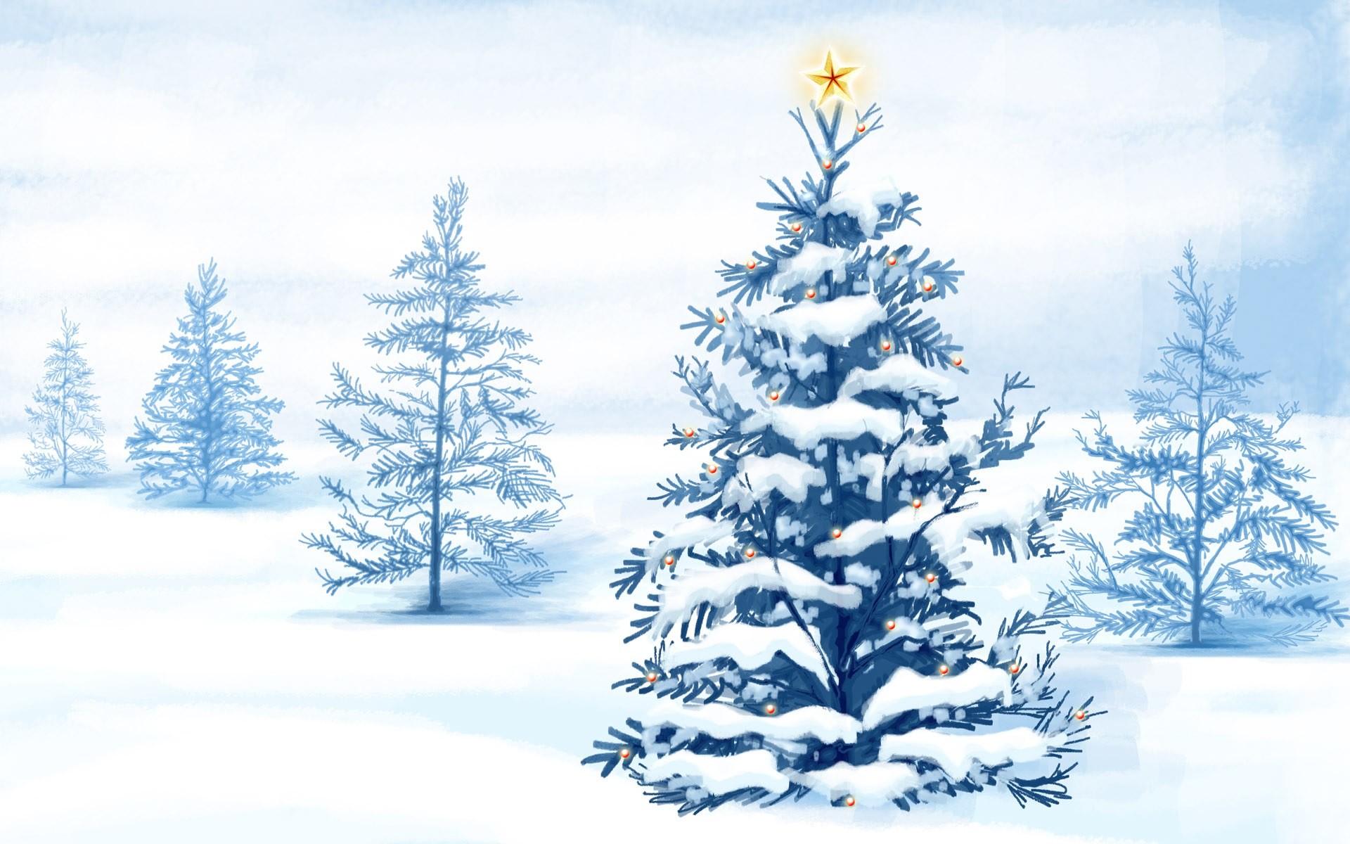 Abeti innevati, Stella, Paesaggio invernale, Illustrazione, sfondo Full HD per desktop