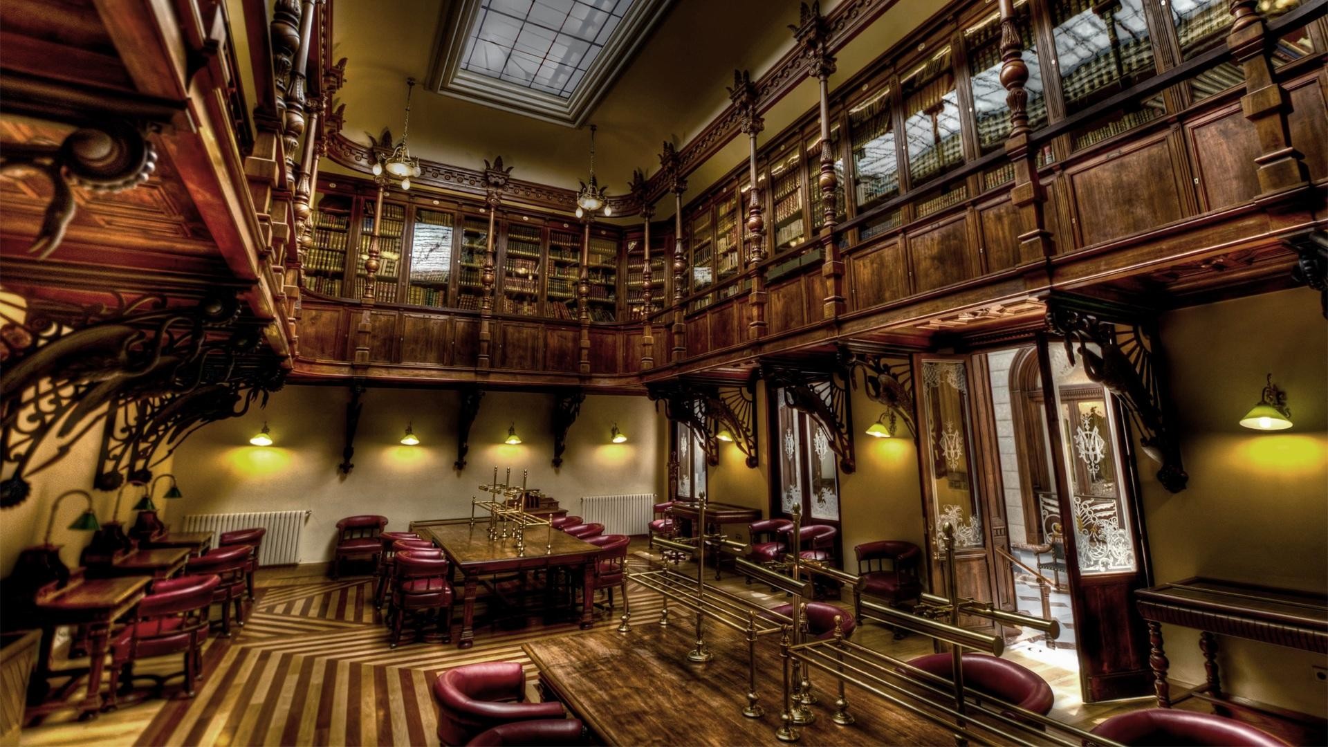 Biblioteca, Sala di lettura, Scaffali in legno, Lampade, Full HD 1080p, sfondo desktop