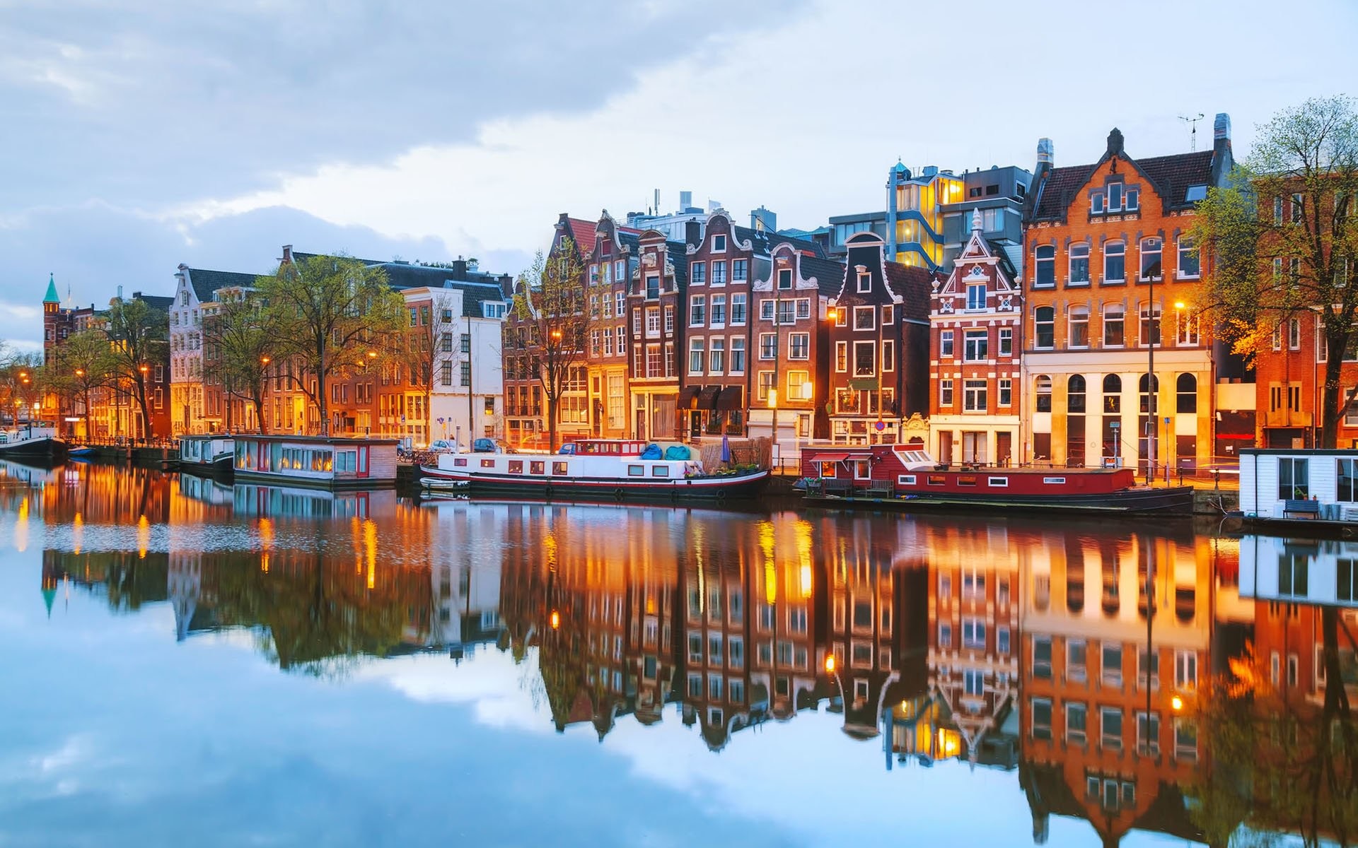 Amsterdam, Amstel, Case sul canale, Riflesso, Crepuscolo, 1920x1200, sfondo per PC