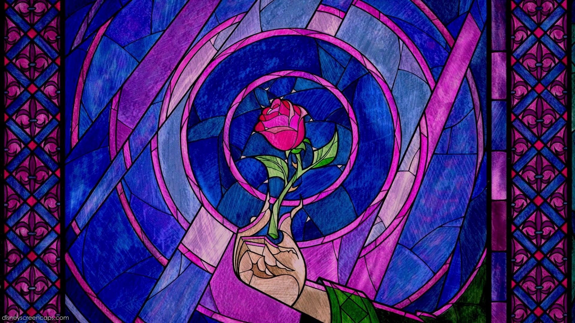 La bella e la bestia, Rosa incantata, Vetrata, Disney, 16:9 Full HD, wallpaper widescreen