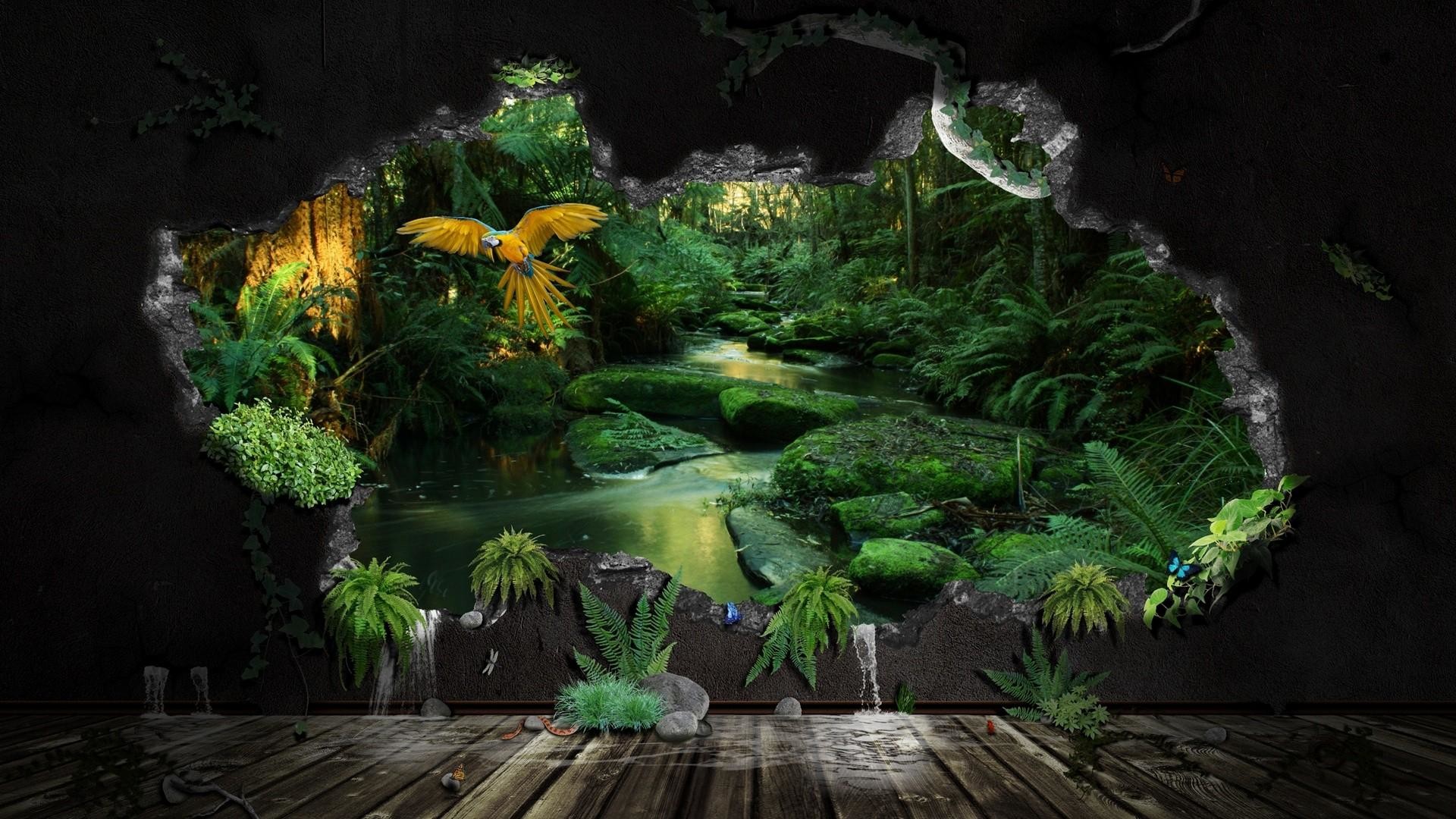 Giungla, Muro rotto, Pappagallo, Arte 3D, Ruscello, 1920x1080, sfondo per PC