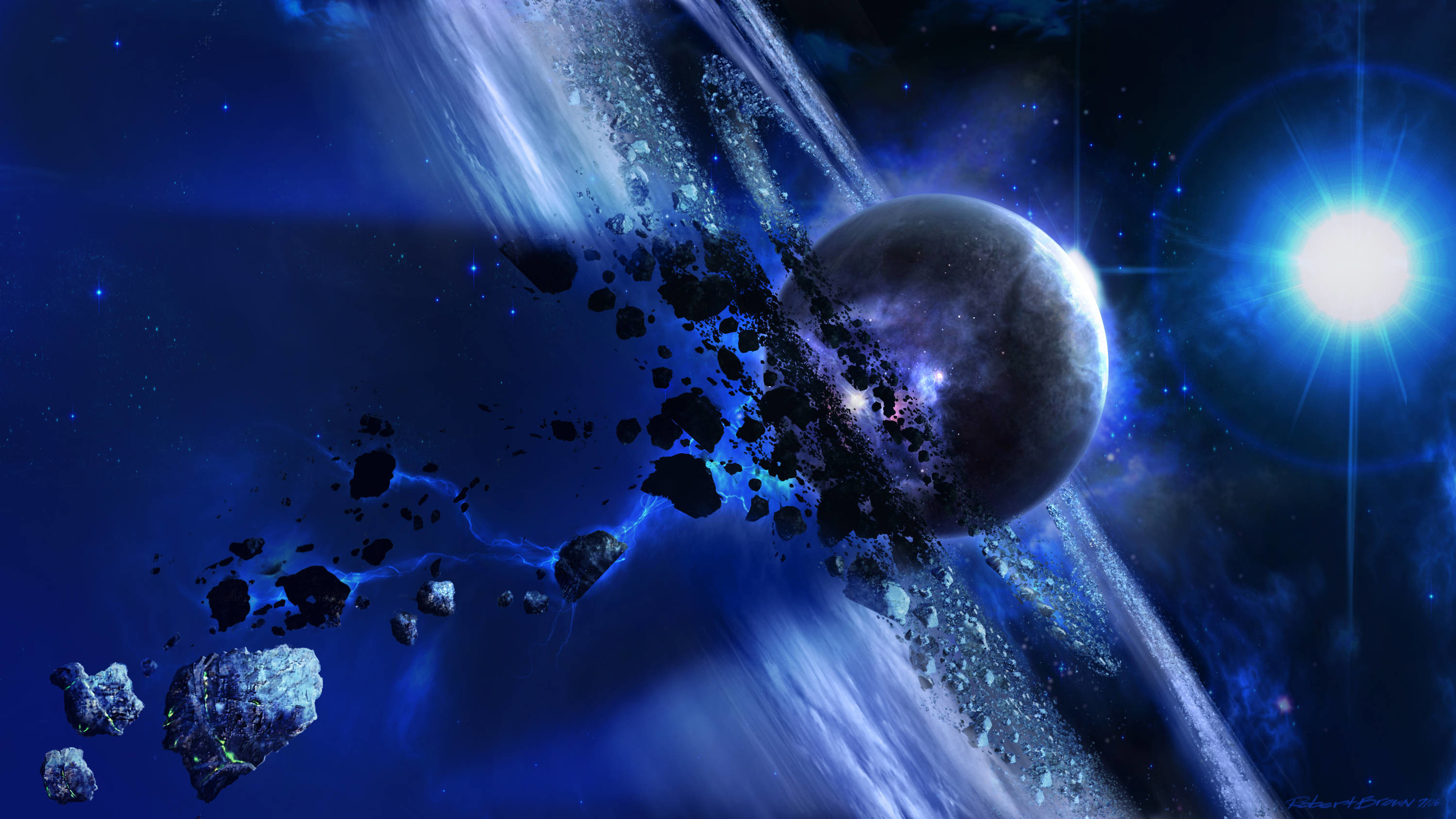 Pianeta, Asteroidi, Stella, Blu, Arte digitale, 2K, sfondo per PC e portatile