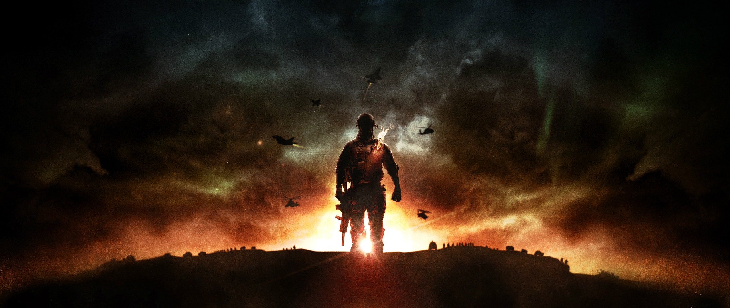 Battlefield 3, Soldato, Silhouette, Elicotteri, Tramonto, 21:9 Full HD, sfondo widescreen