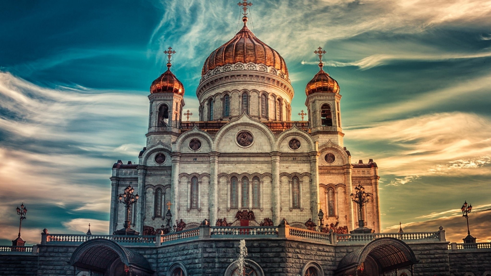 Cattedrale di Cristo Salvatore, Mosca, Russia, Cupole dorate, Cielo, sfondo desktop Full HD