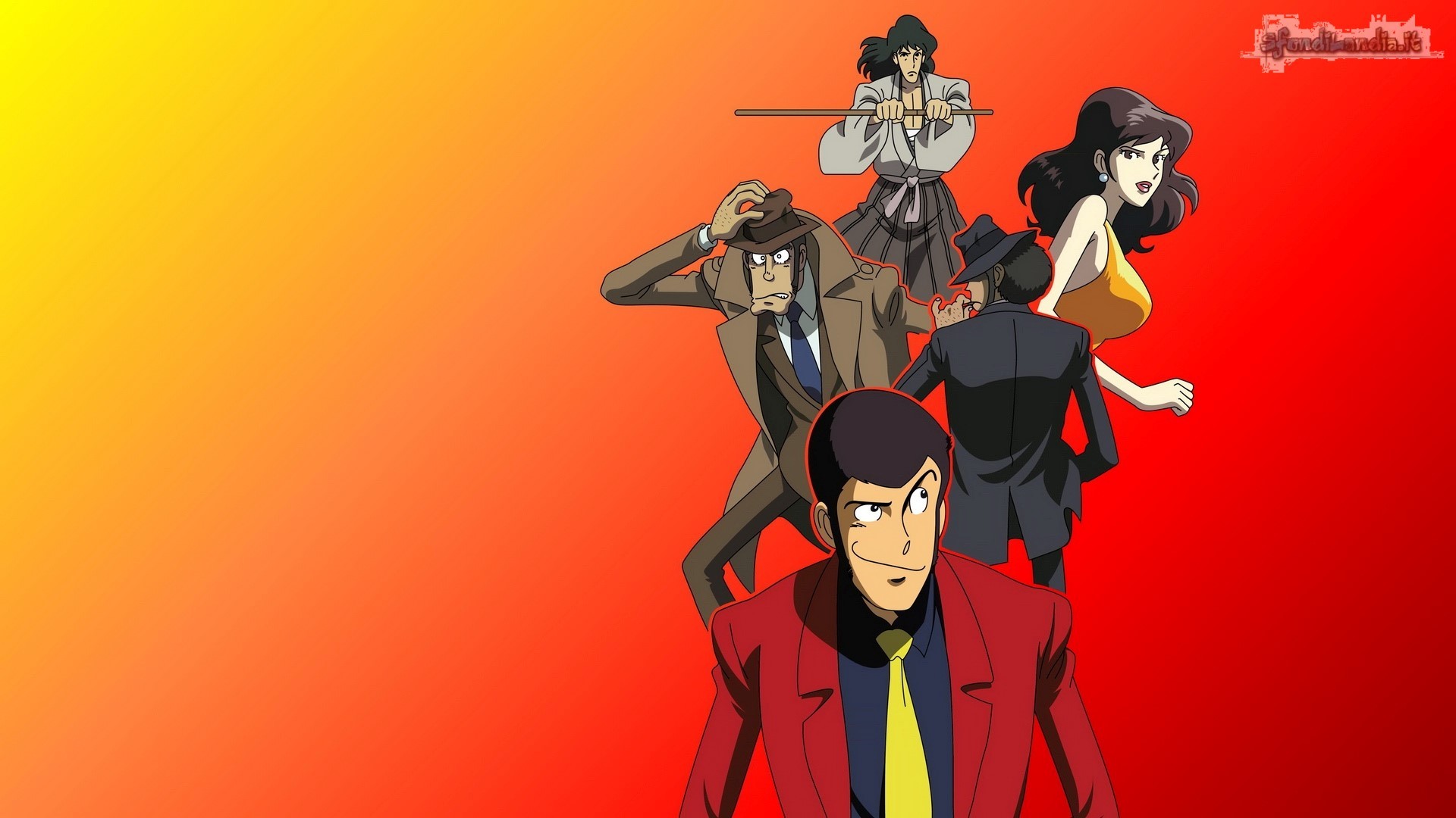Lupin III, Fujiko Mine, Daisuke Jigen, Goemon Ishikawa, Rosso, 1920x1080, sfondo per PC