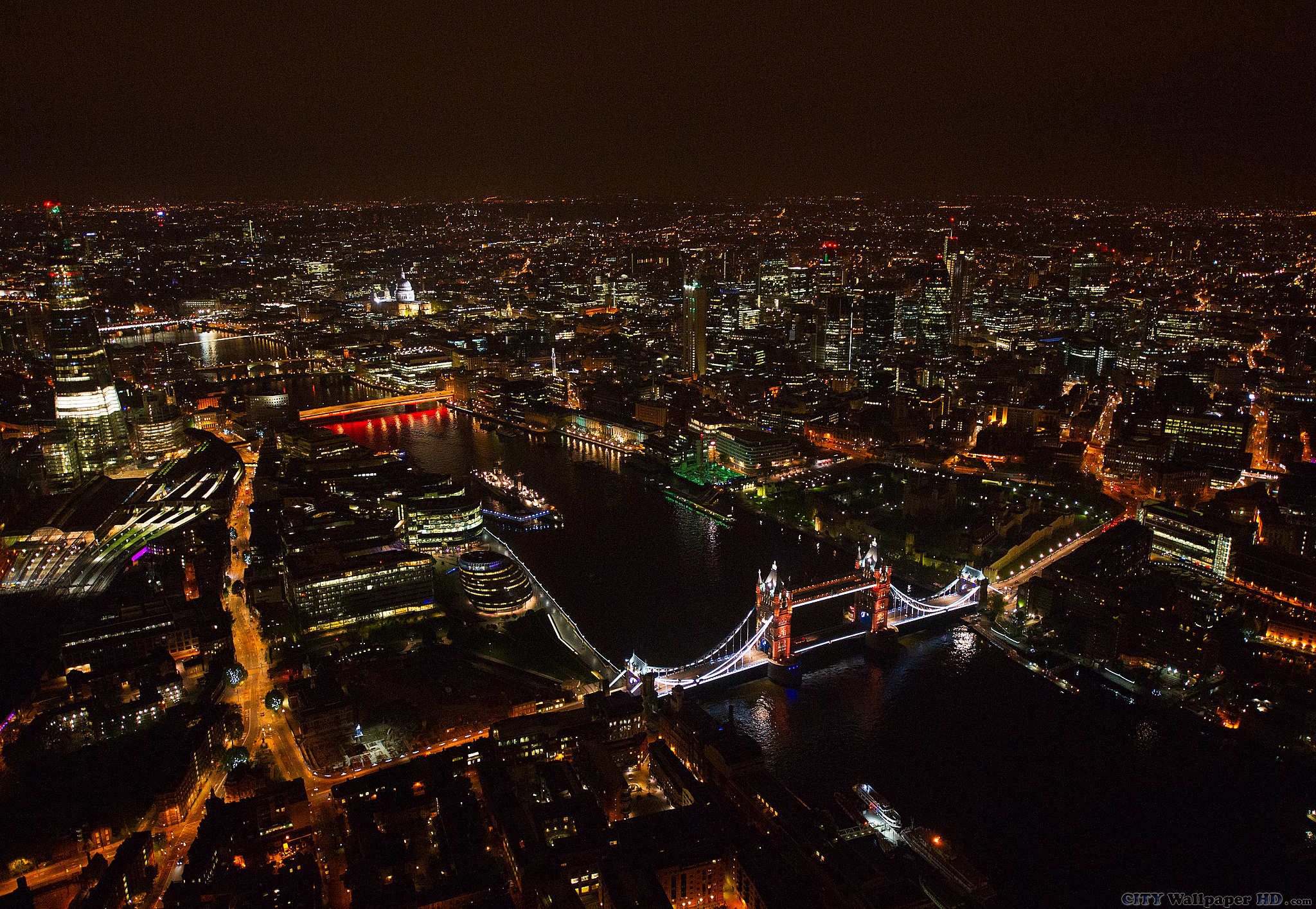Londra, Tower Bridge, Vista aerea, Notte, Luci della città, Full HD, sfondo per PC e portatile