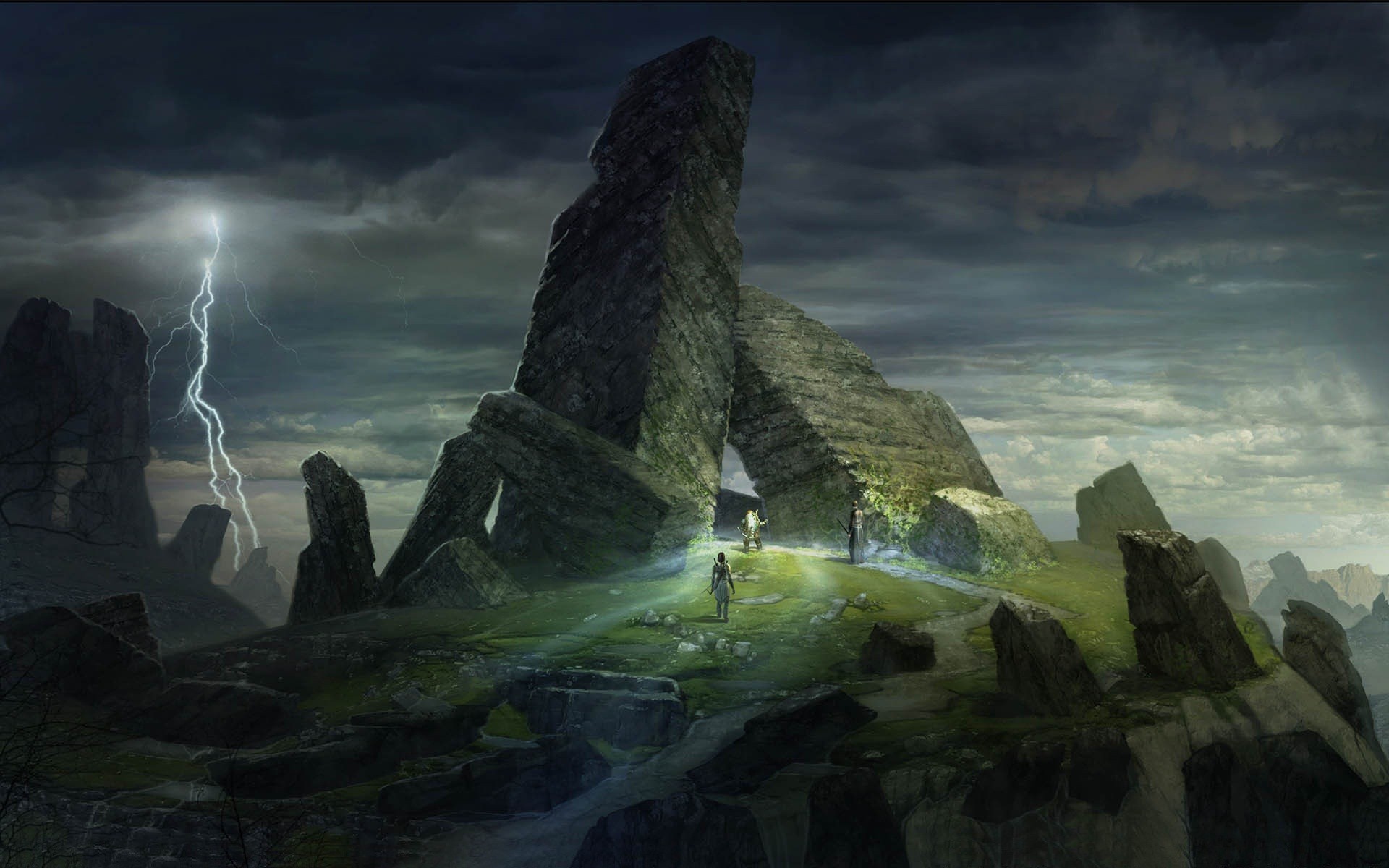Rovine, Fulmine, Arte fantasy, Full HD, sfondo per PC e portatile