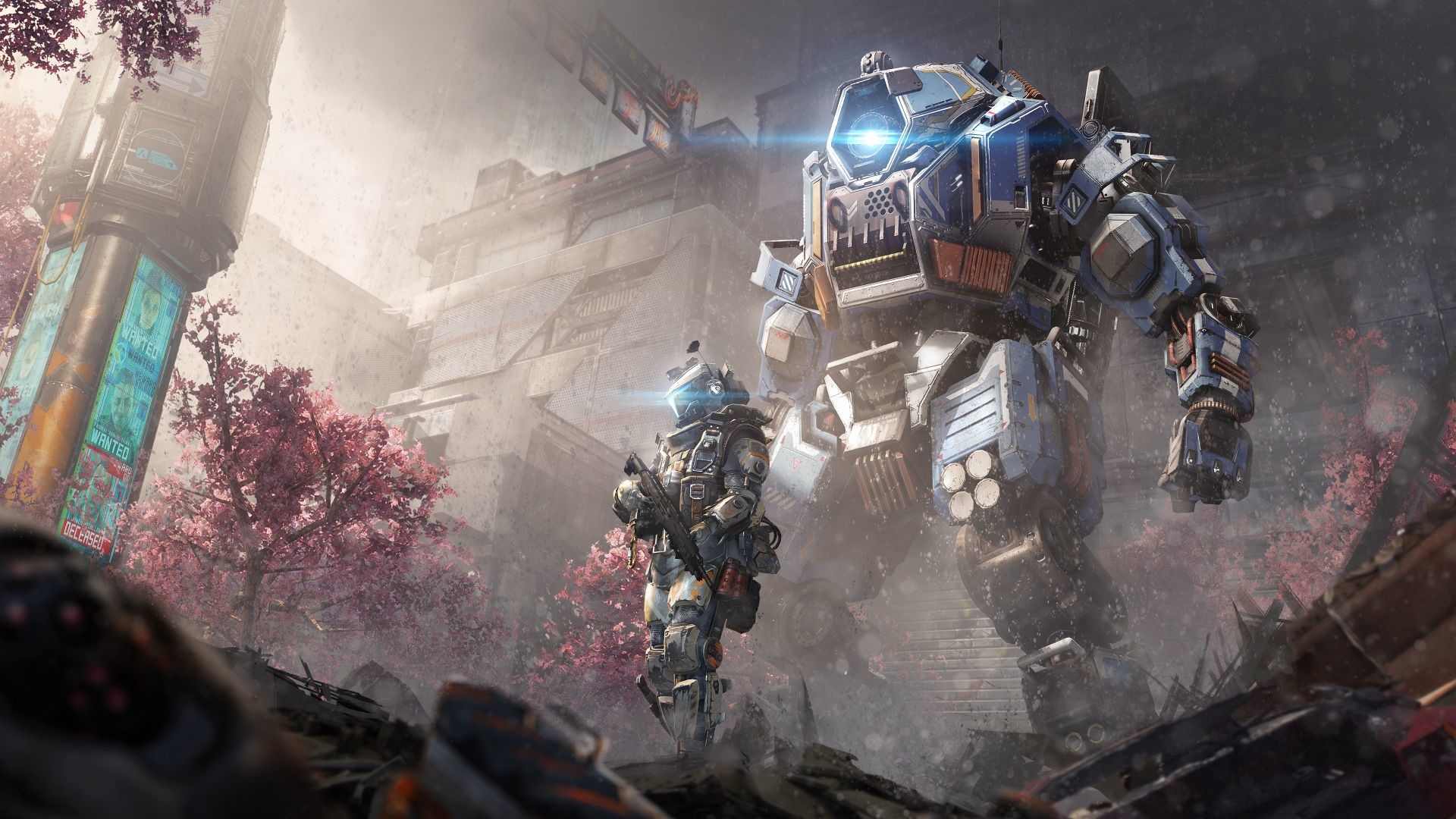 Titanfall 2, Titano, Pilota, Ciliegi, Città, 16:9 Full HD, sfondo widescreen