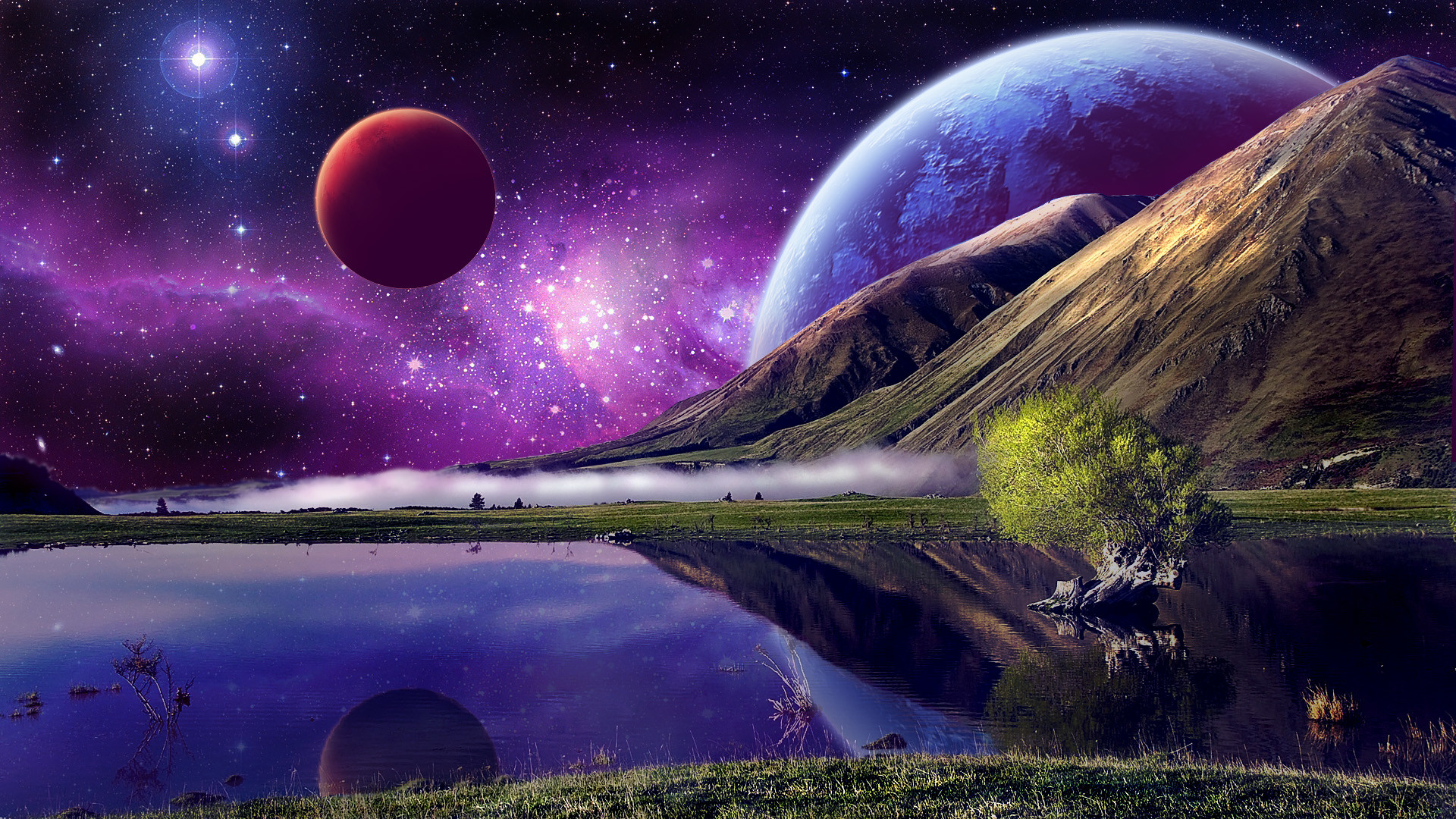 Paesaggio fantasy, Pianeti, Montagne, Lago, Viola, Full HD, sfondo desktop