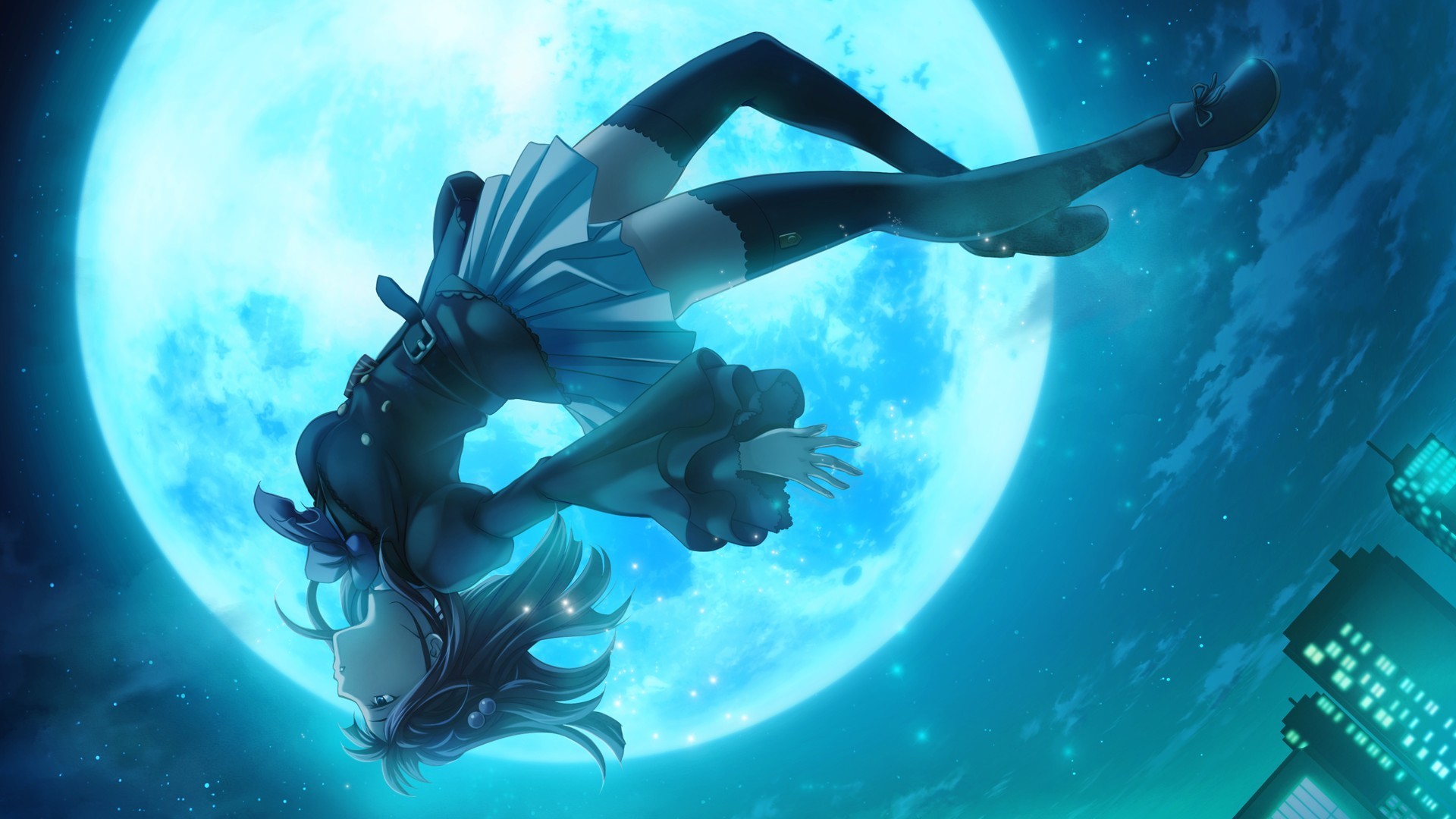 Ragazza anime, Luna piena, Caduta, Blu, 1920x1080, immagine di sfondo