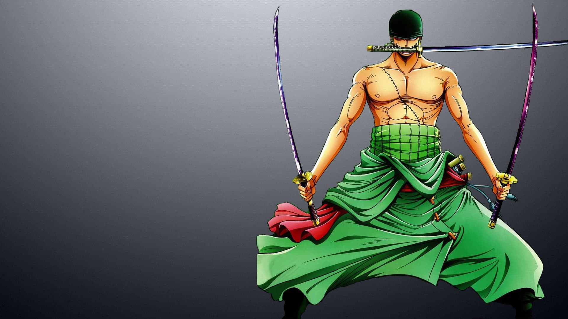 Roronoa Zoro, One Piece, Santoryu, Tre spade, Sfondo grigio, 16:9 Full HD, wallpaper widescreen
