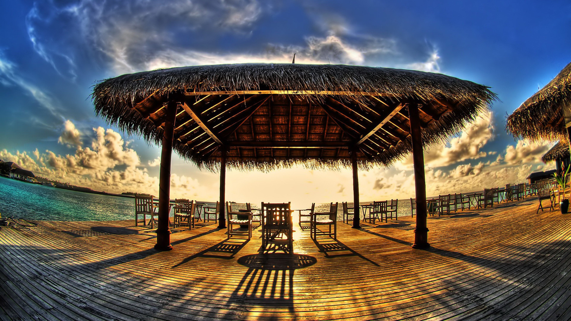 Gazebo in paglia, Pontile, Spiaggia, Fisheye, Nuvole, Full HD, sfondo per desktop