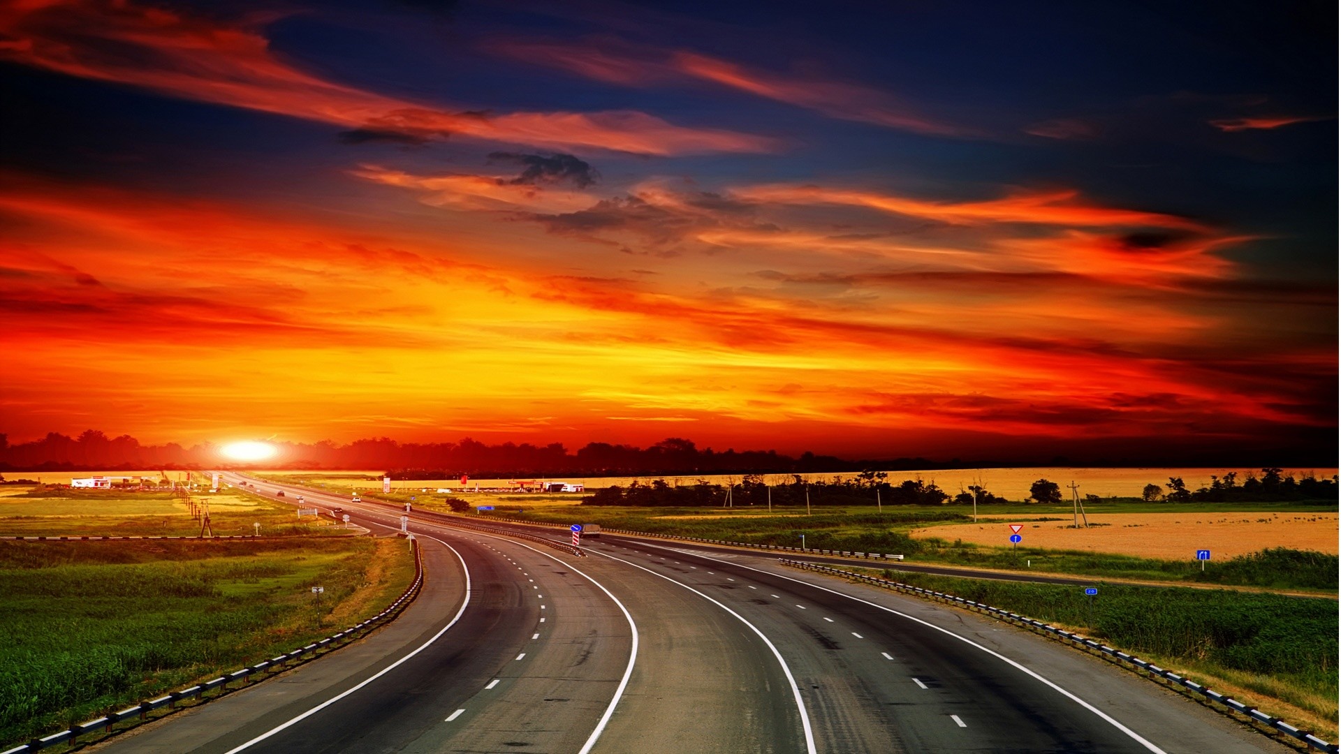 Autostrada, Strada, Cielo infuocato, Nuvole, Full HD 1080p, sfondo desktop