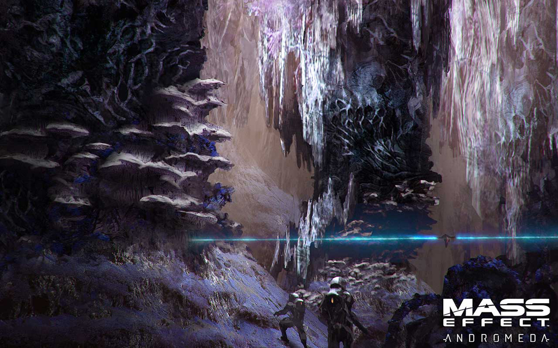 Mass Effect: Andromeda, Caverna aliena, Formazioni rocciose, Fantascienza, Logo, immagine di sfondo