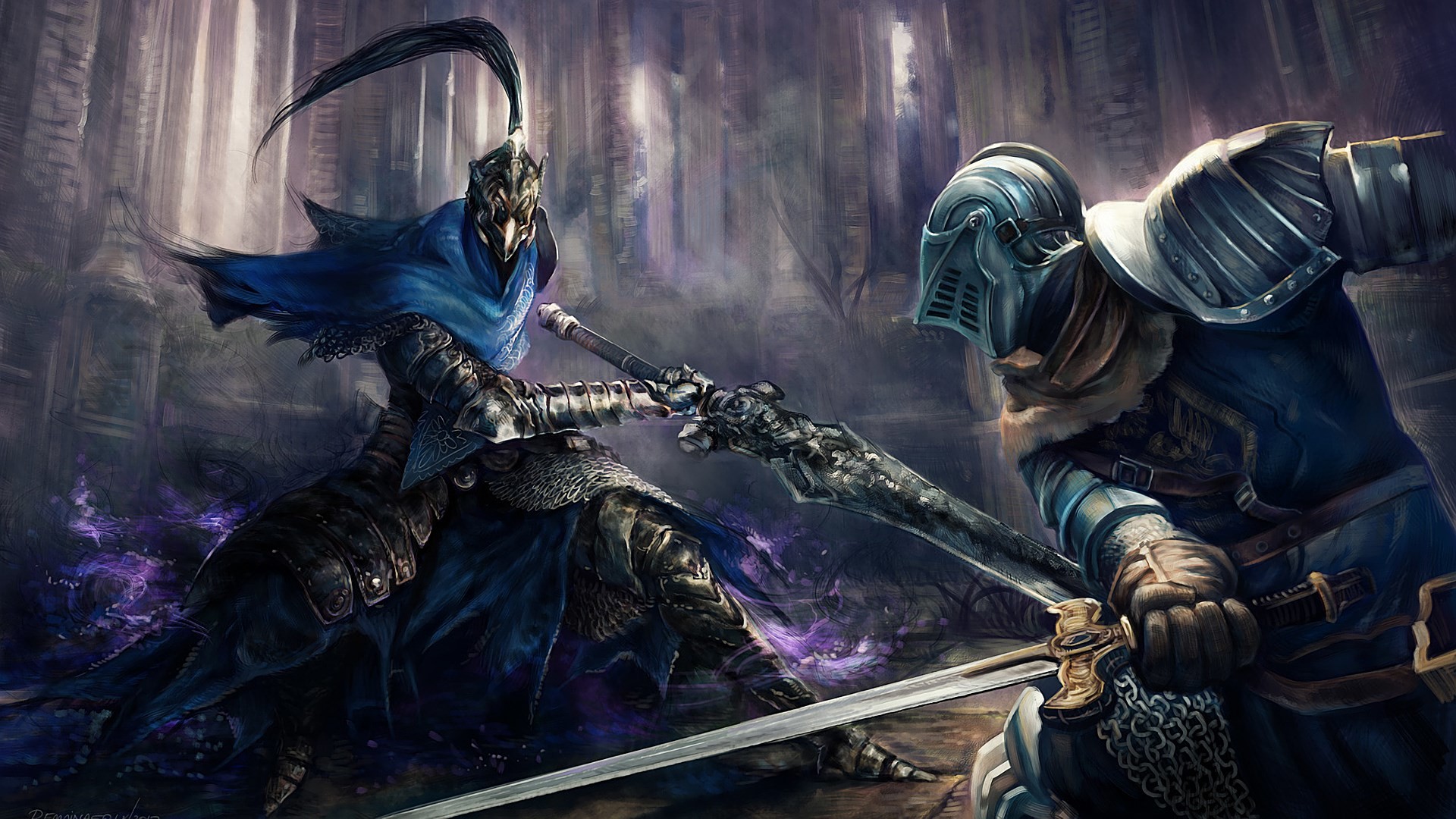 Artorias l'Errante dell'Abisso, Dark Souls, Combattimento, Spada, Viola, sfondo Full HD per computer